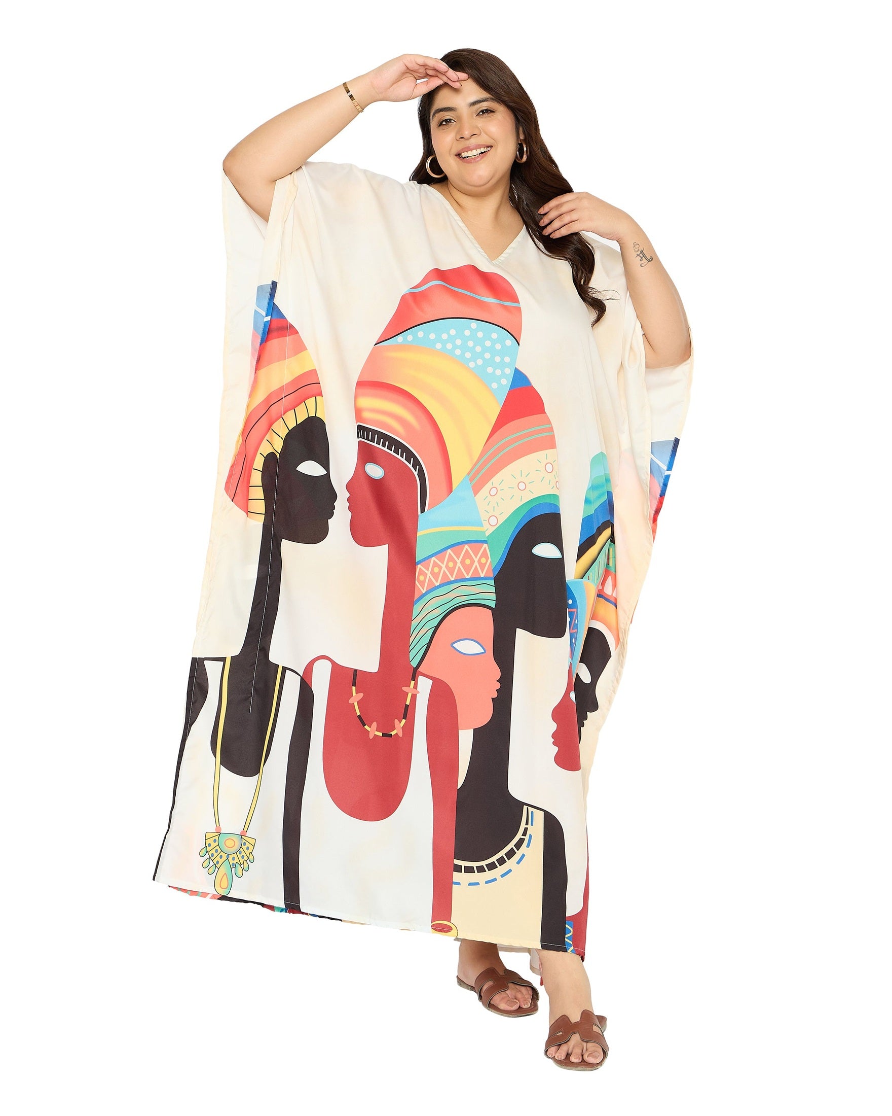 Lady Tribal Cream Polyester Kaftan Dress for Women