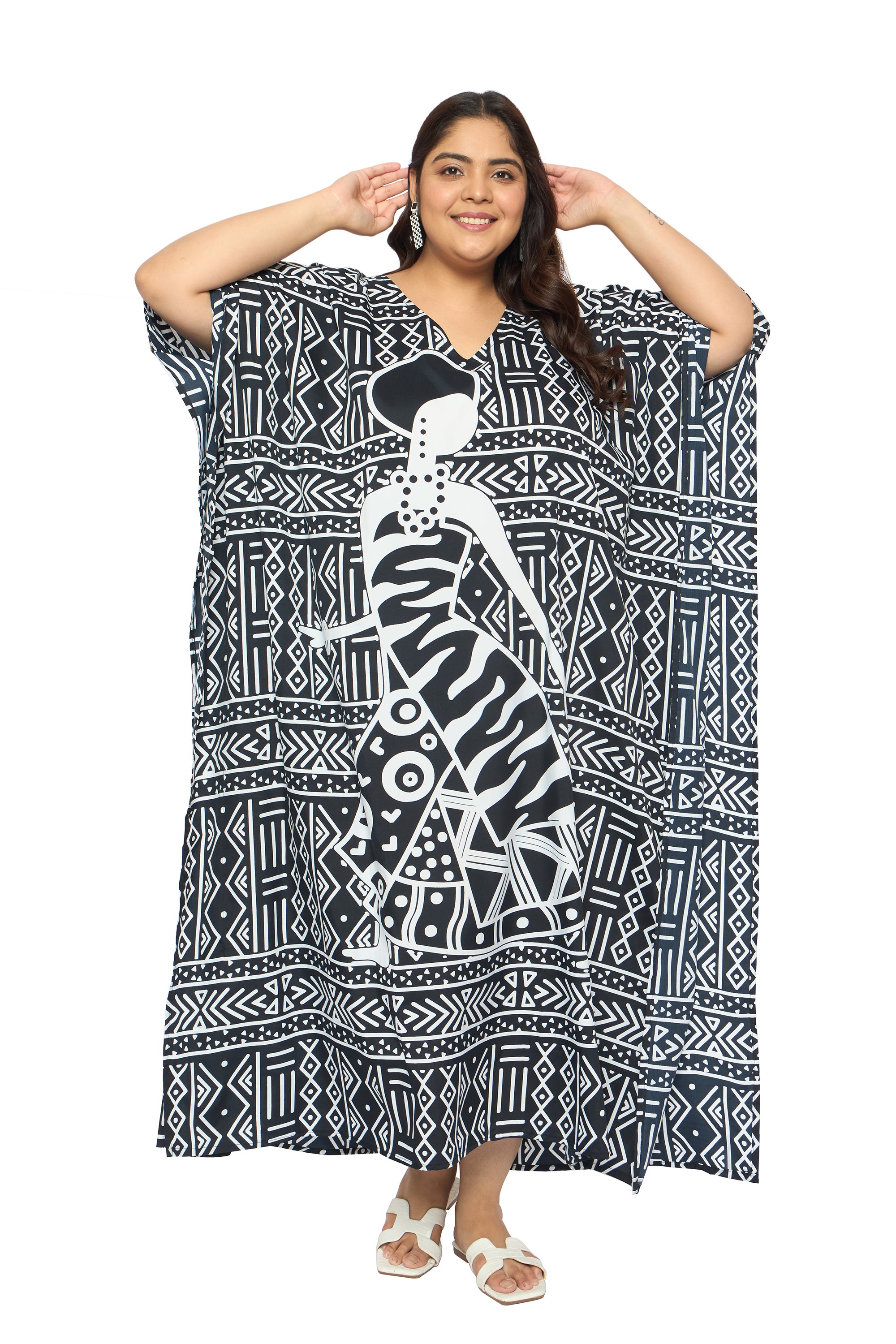 Lady Tribal Black Polyester Plus Size Kaftan Dress for Women