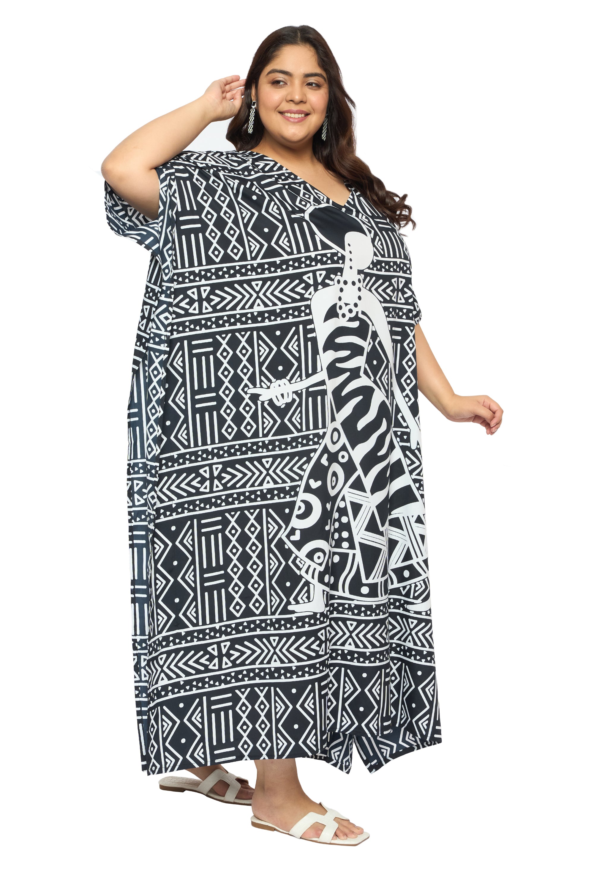Lady Tribal Black Polyester Plus Size Kaftan Dress for Women