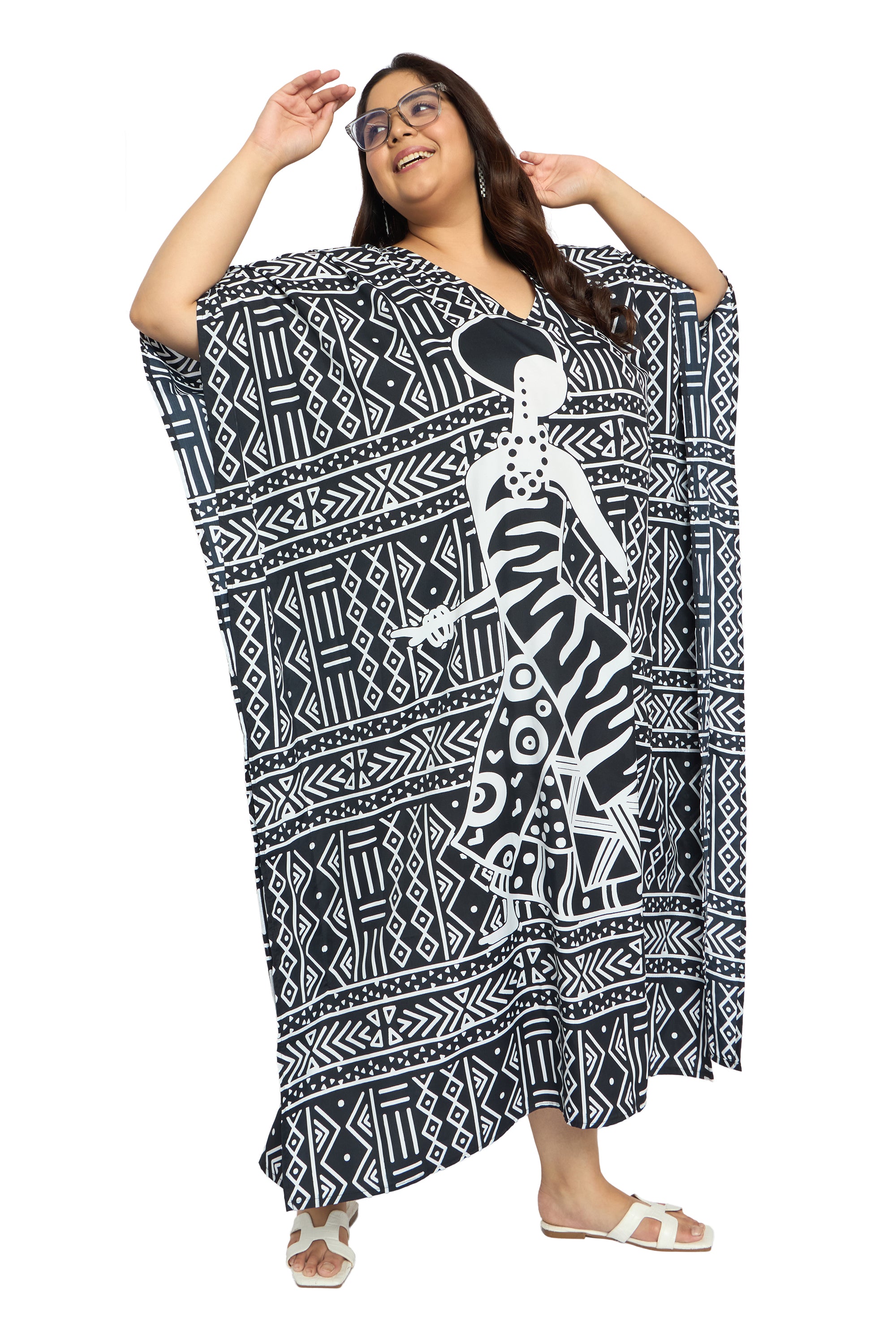 Lady Tribal Black Polyester Plus Size Kaftan Dress for Women