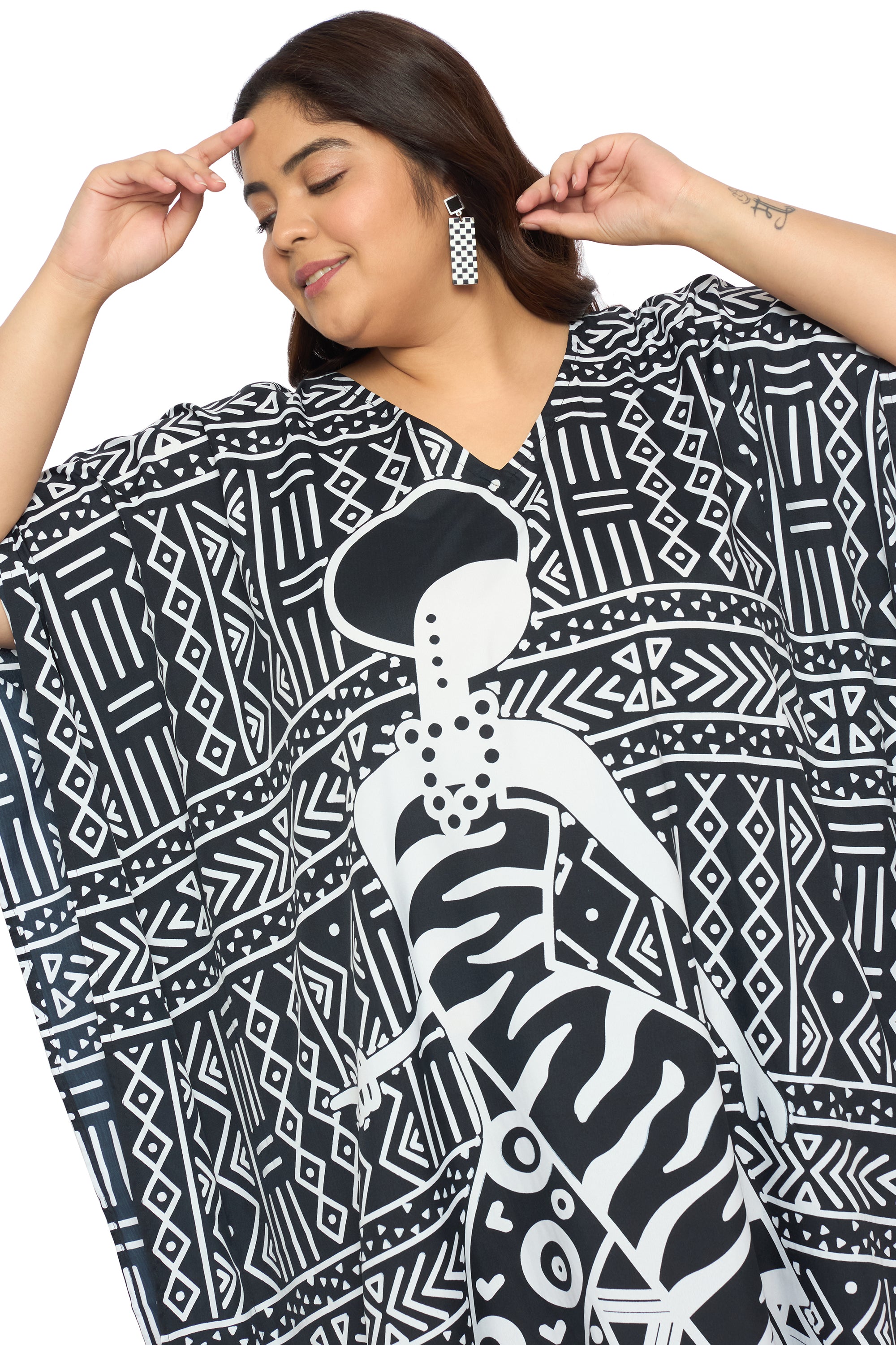 Lady Tribal Black Polyester Plus Size Kaftan Dress for Women