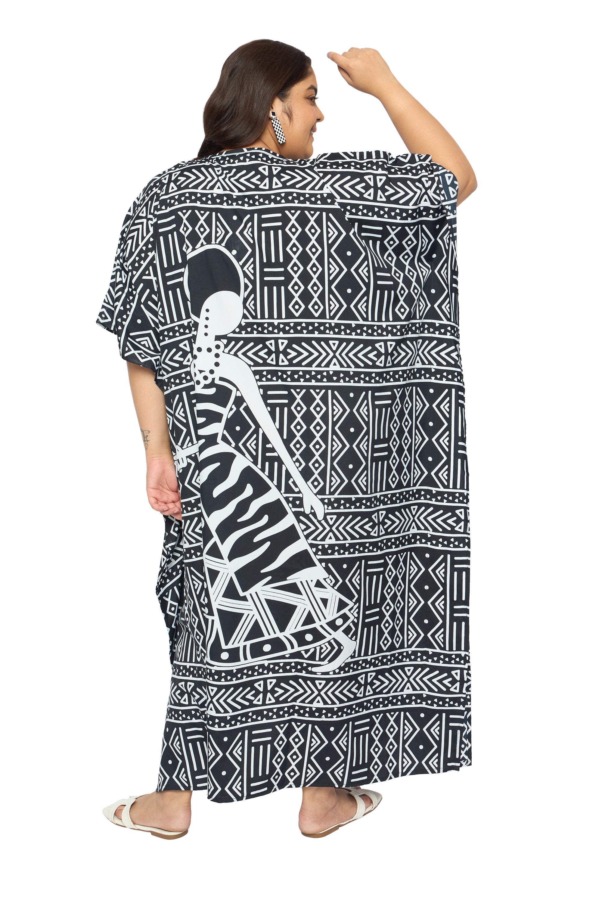 Lady Tribal Black Polyester Plus Size Kaftan Dress for Women