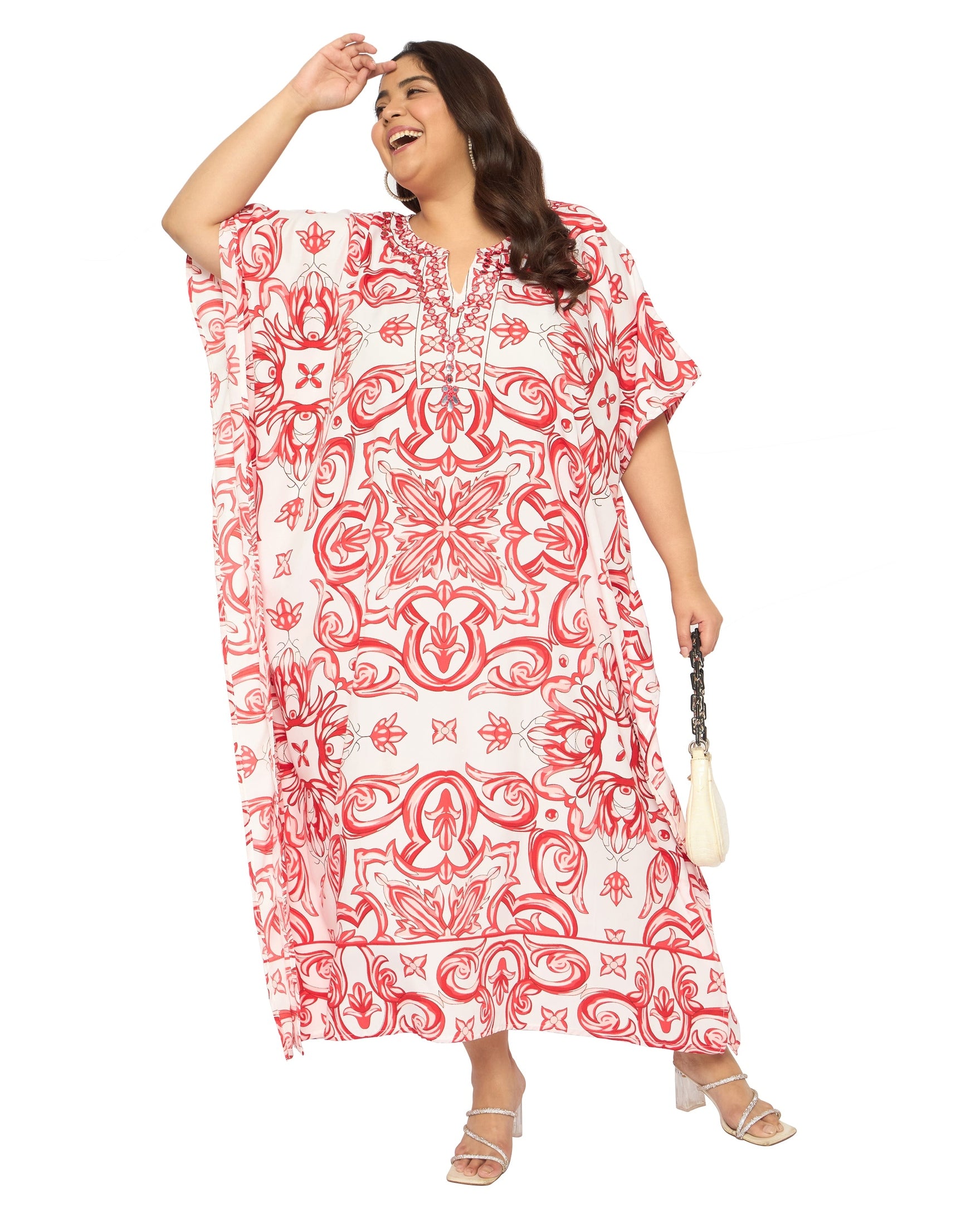 Porcelain White & Red Polyester Plus Size Beach Coverup For Women