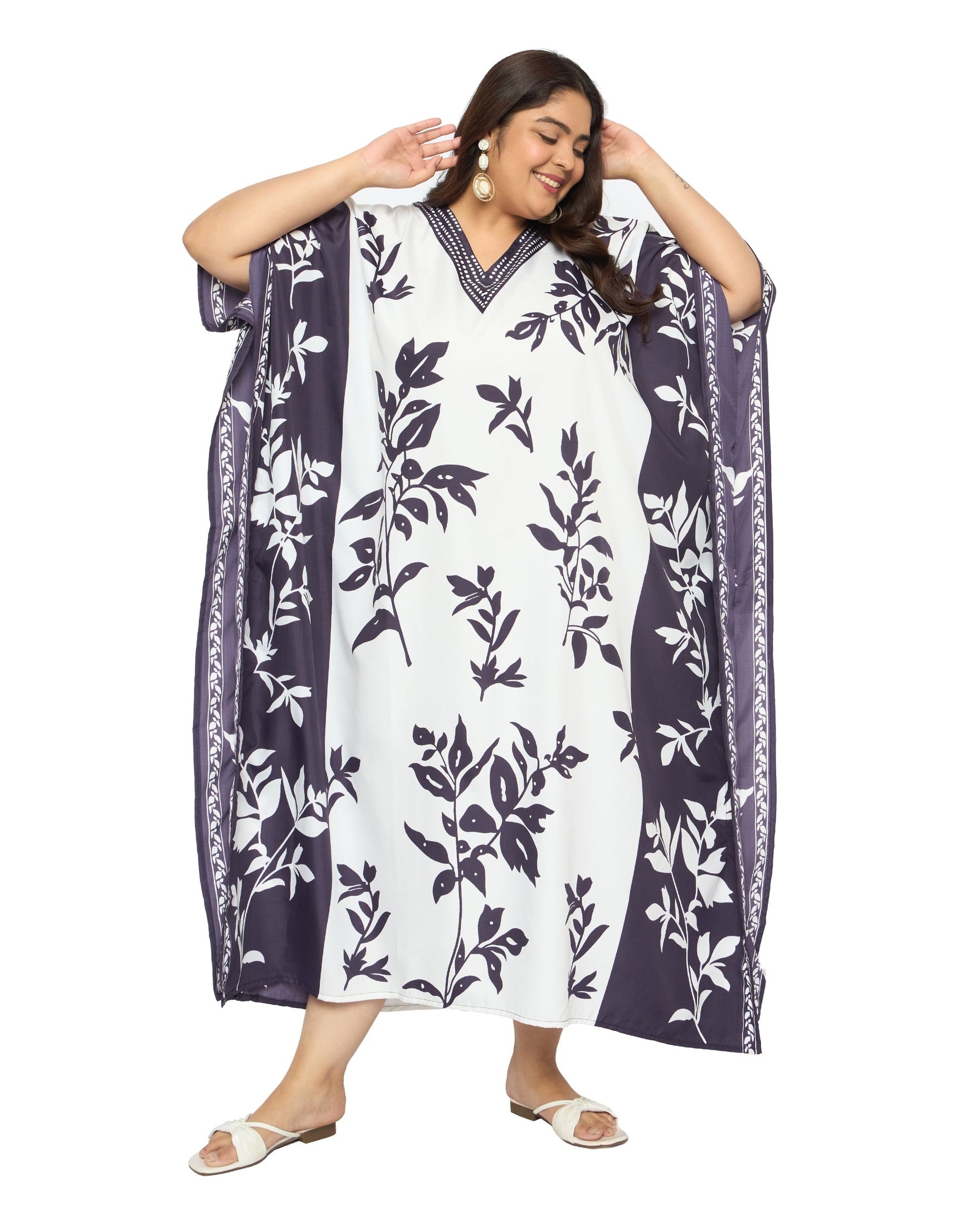 Leaf White and Purple Polyester Plus Size Kaftan Dresses for Women