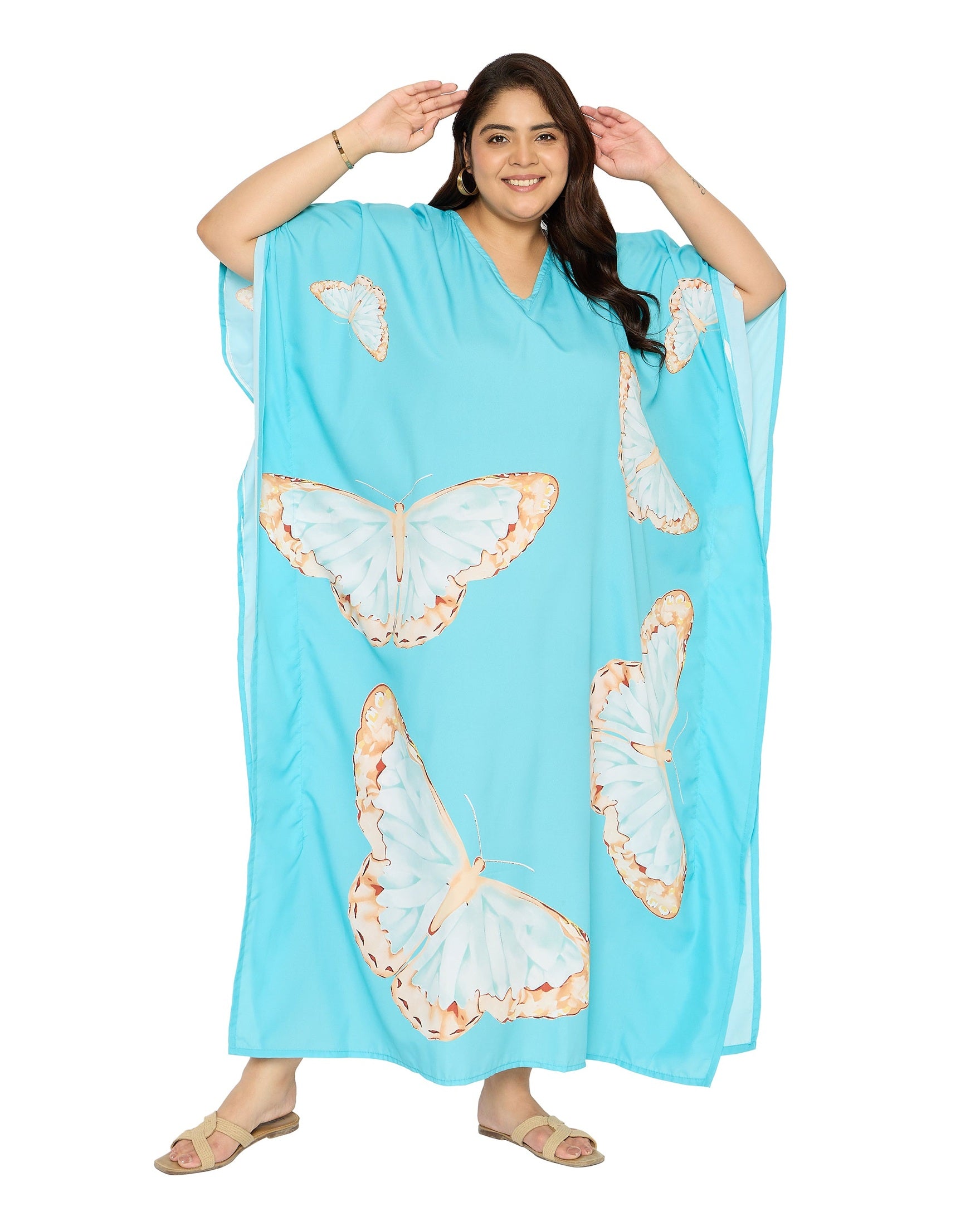Aqua Polyester Butterfly Kaftan Dress for Plus Size