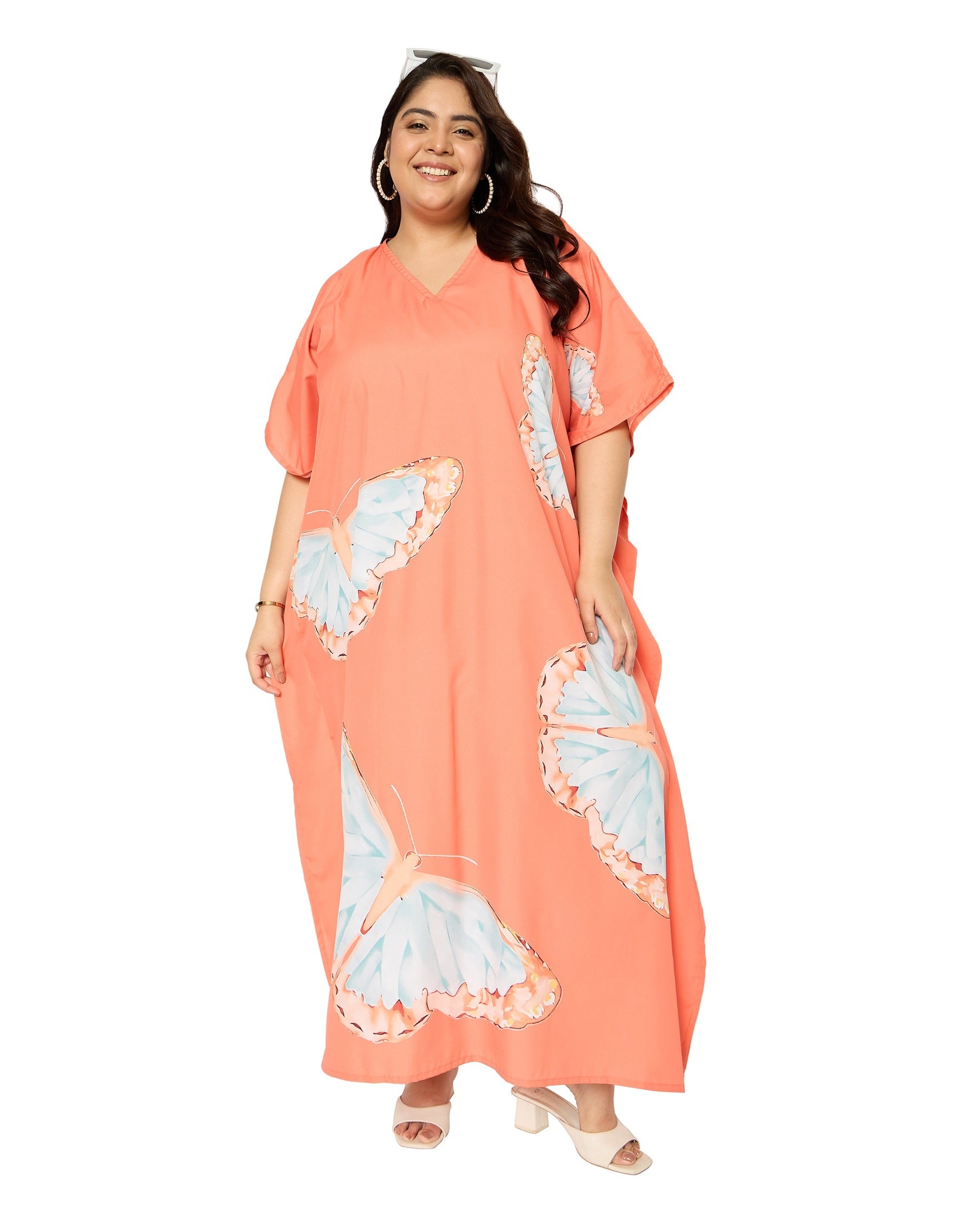 Apricot Polyester Butterfly Kaftan Dress for Women