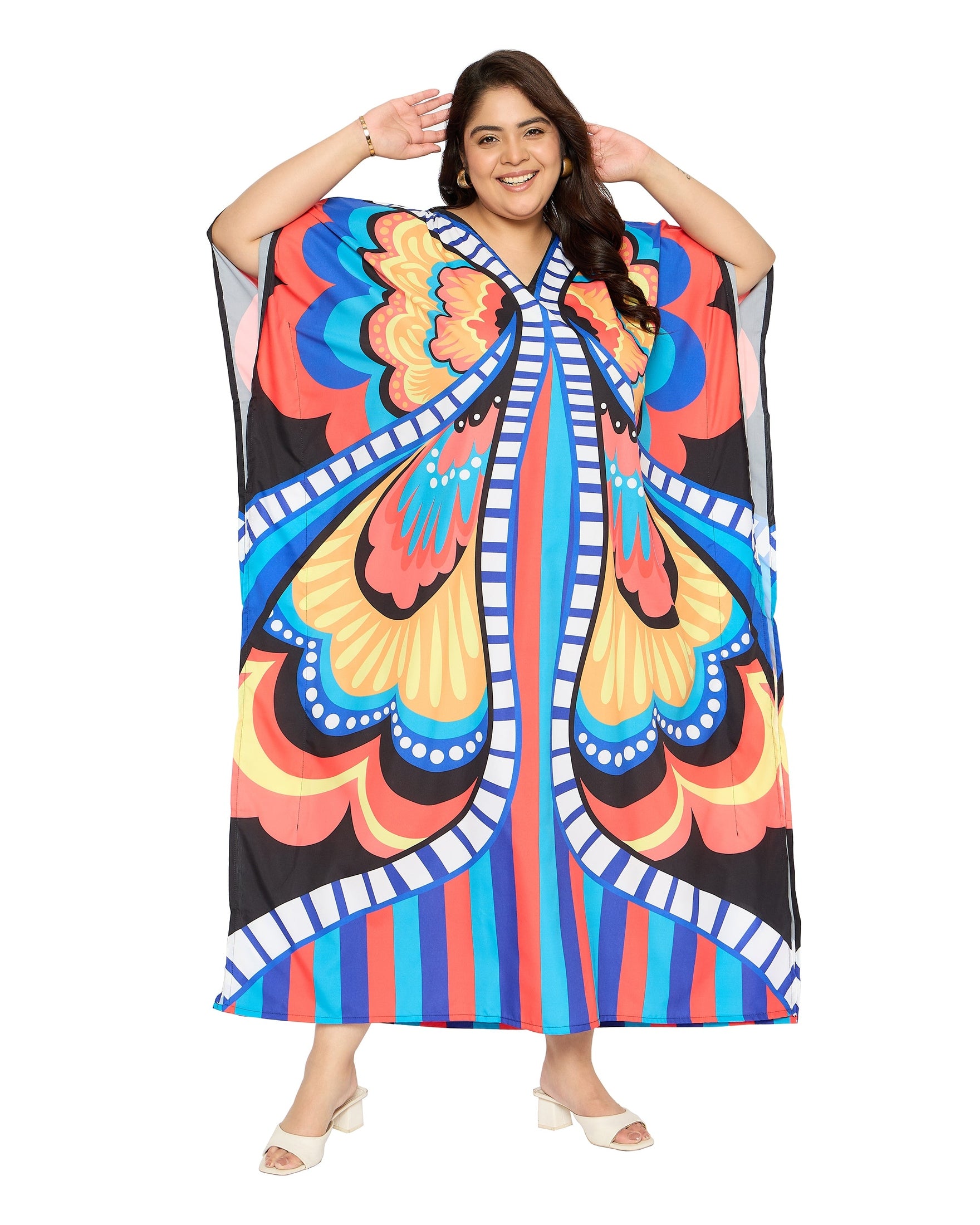 Butterfly Multicolor Plus Size V Neck Kaftan Beach Coverup for Women