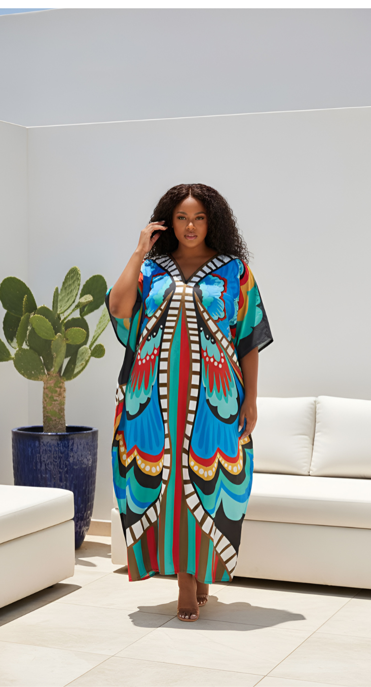 Butterfly Multicolor Polyester Plus Size Caftan Dress for Women