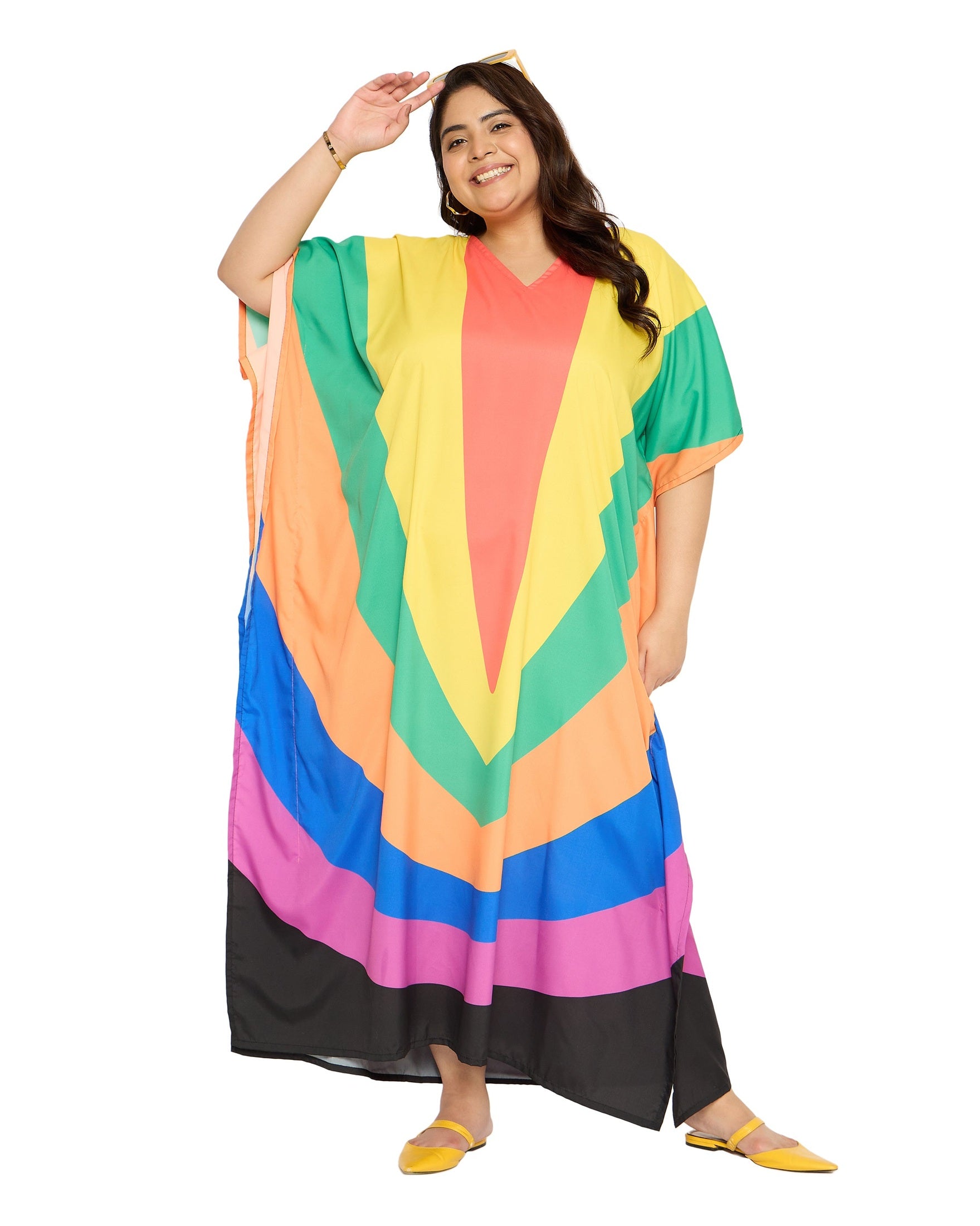 Rainbow Multicolor Polyester Plus Size Caftan for Women