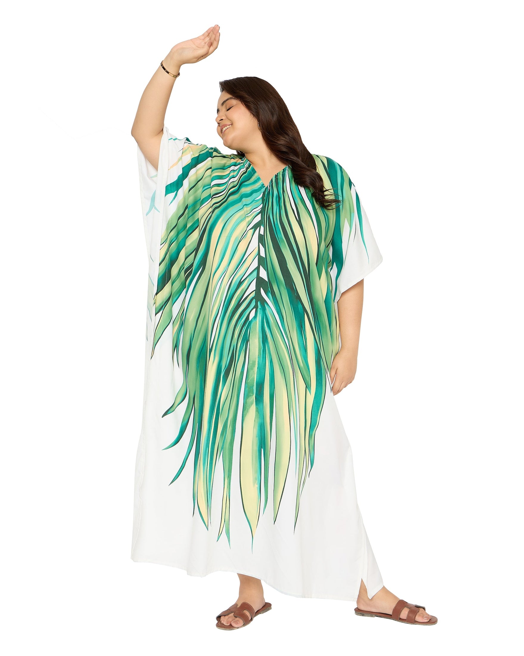 Tropical Leaf Green & White Polyester Caftan Dress for Women