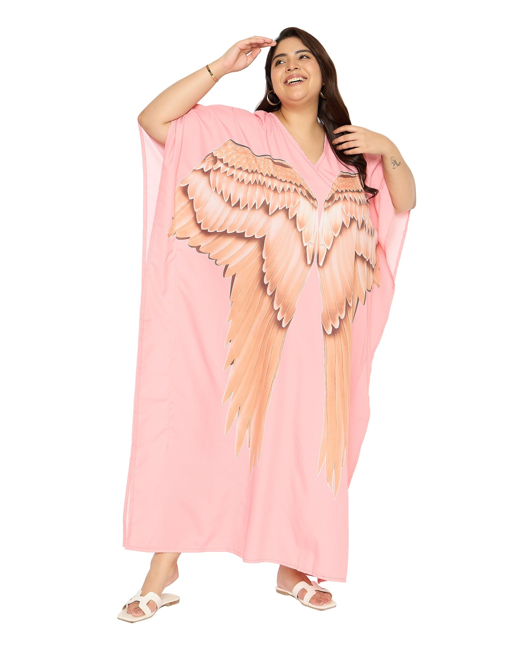 Angel Wings Baby Pink Polyester Plus Size Loungewear Kaftan for Women