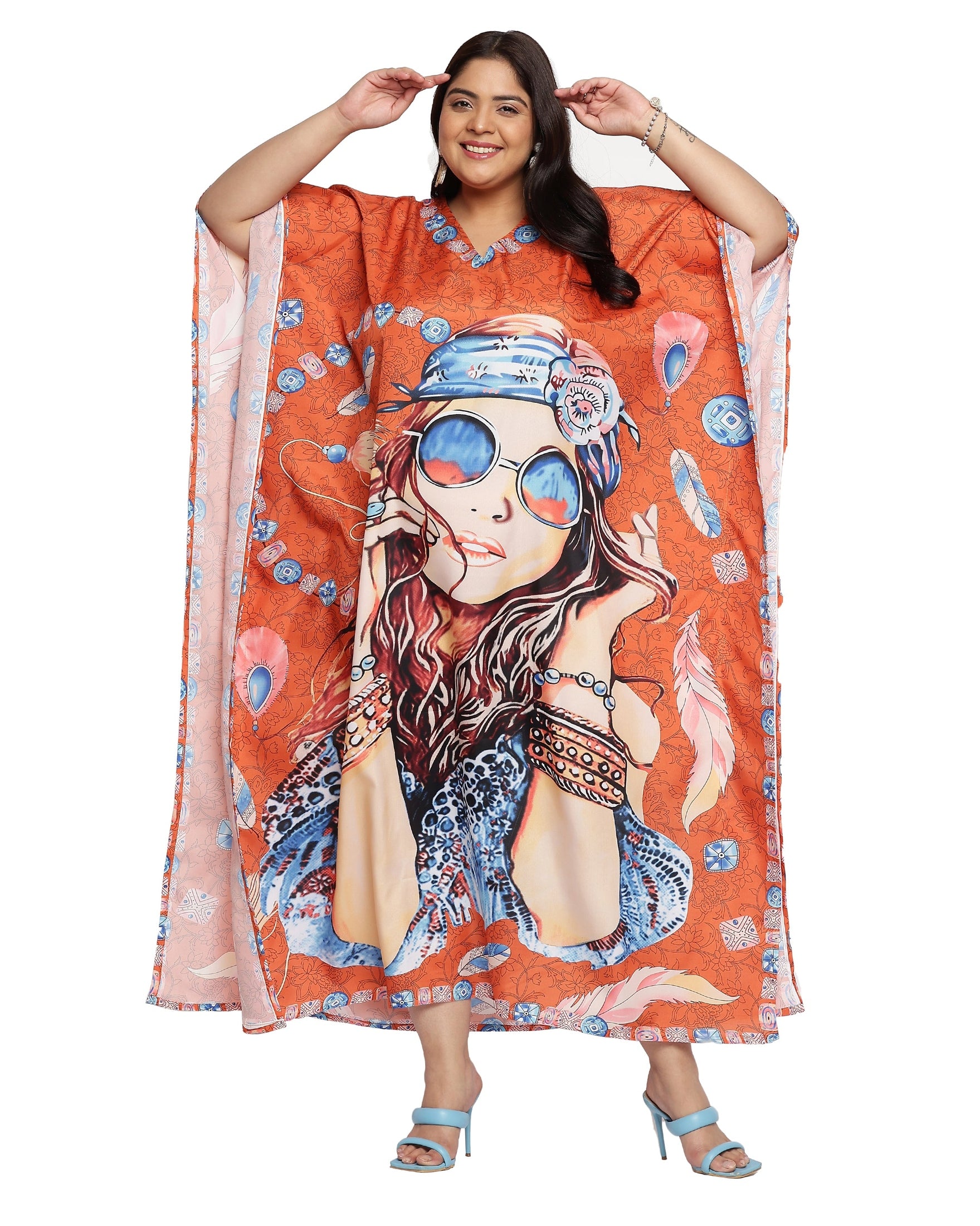 Lady Printed Polyester Plus Size Beach Kaftan Dress for Women