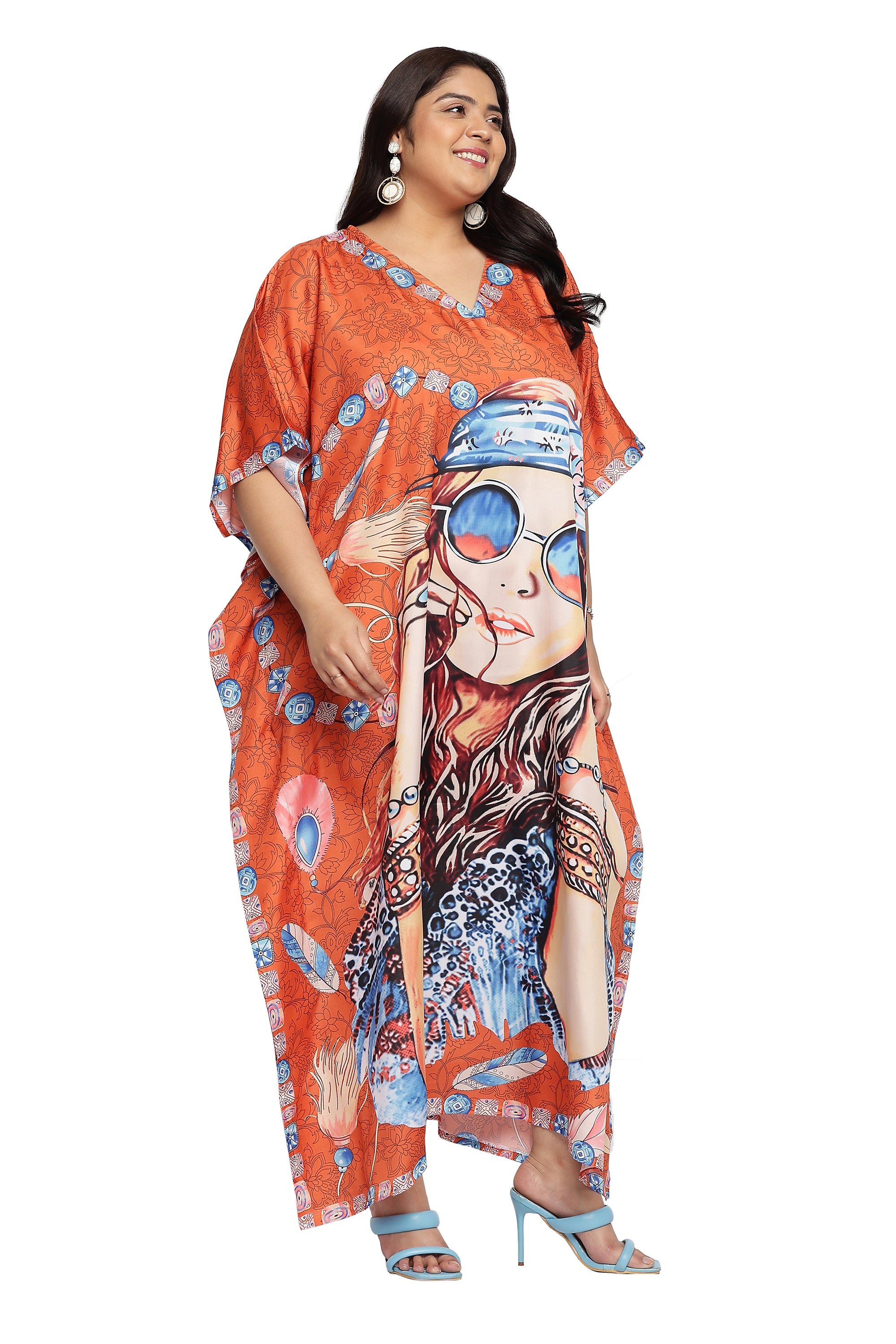 Lady Printed Polyester Plus Size Beach Kaftan Dress for Women