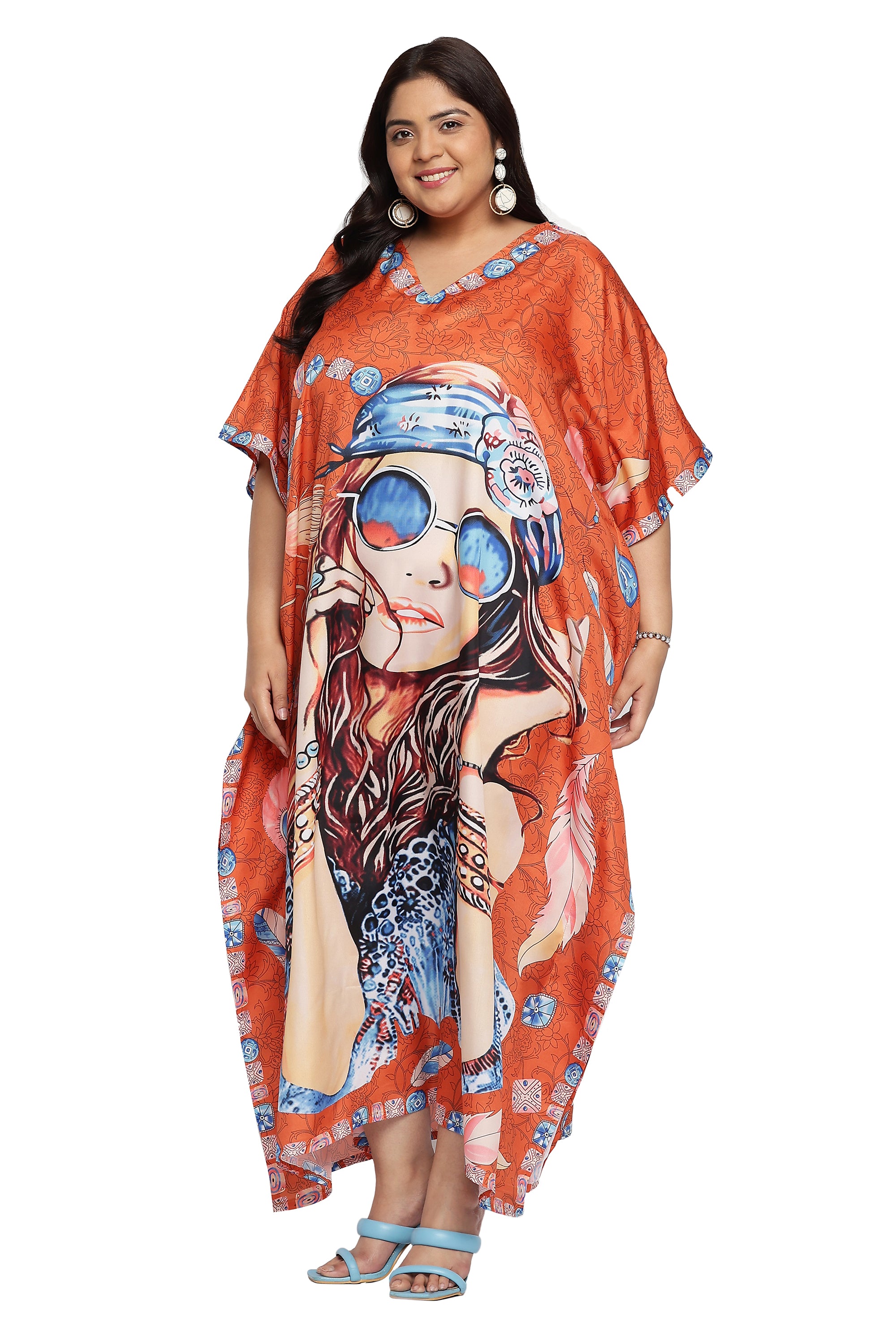 Lady Printed Polyester Plus Size Beach Kaftan Dress for Women