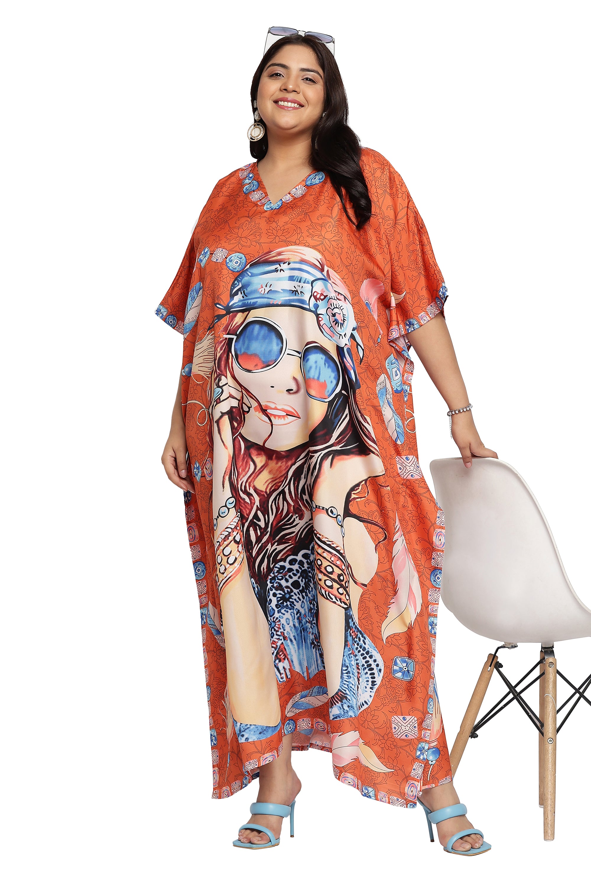 Lady Printed Polyester Plus Size Beach Kaftan Dress for Women
