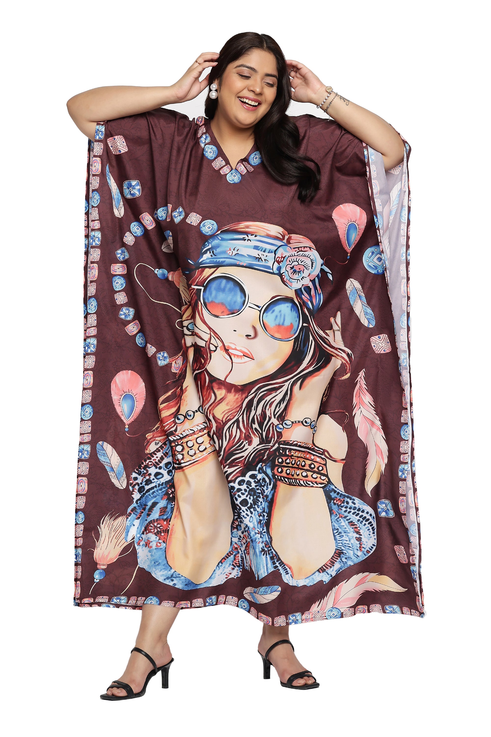 Brown Polyester Lady Print Plus Size Kaftan Dress for Women