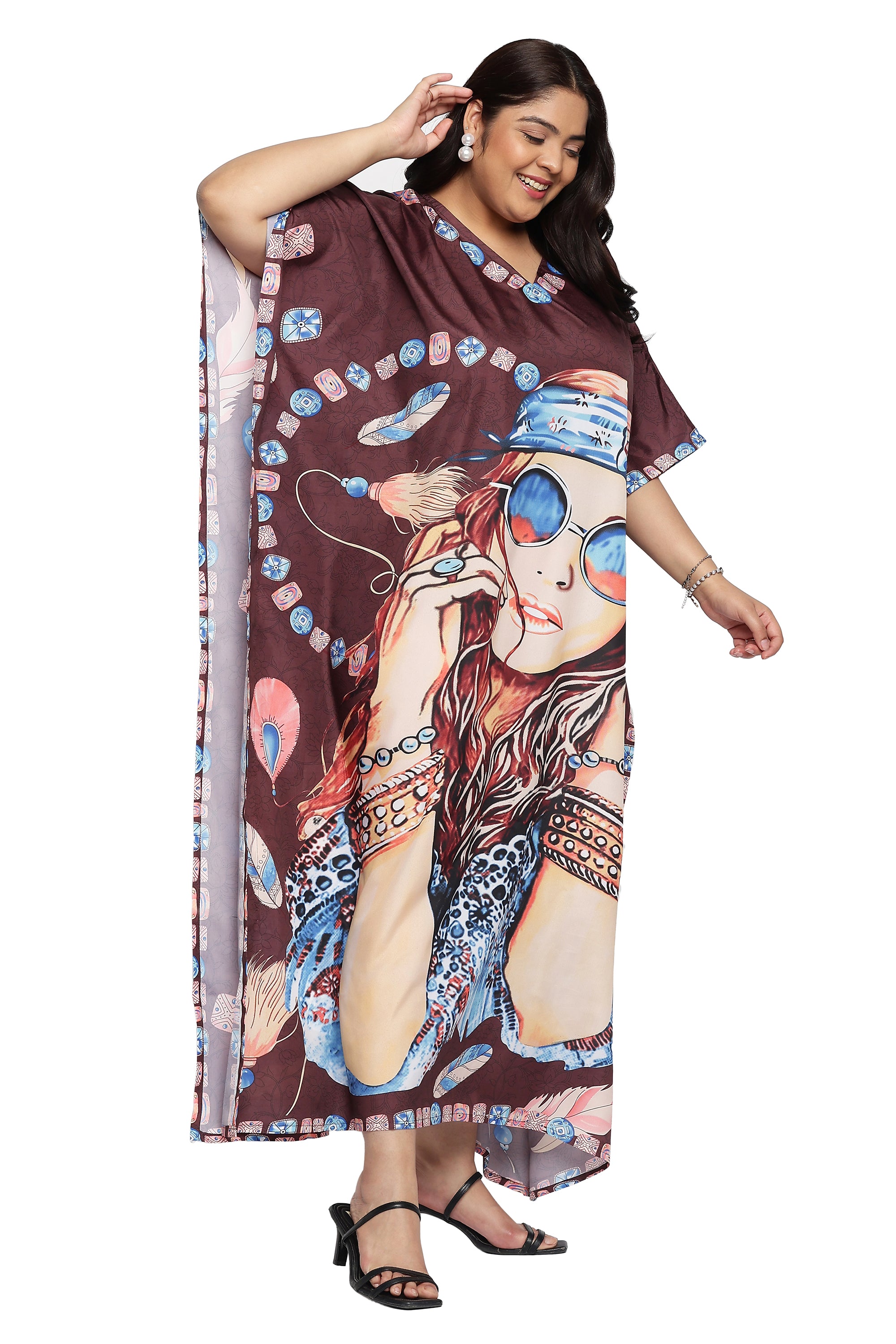 Brown Polyester Lady Print Plus Size Kaftan Dress for Women
