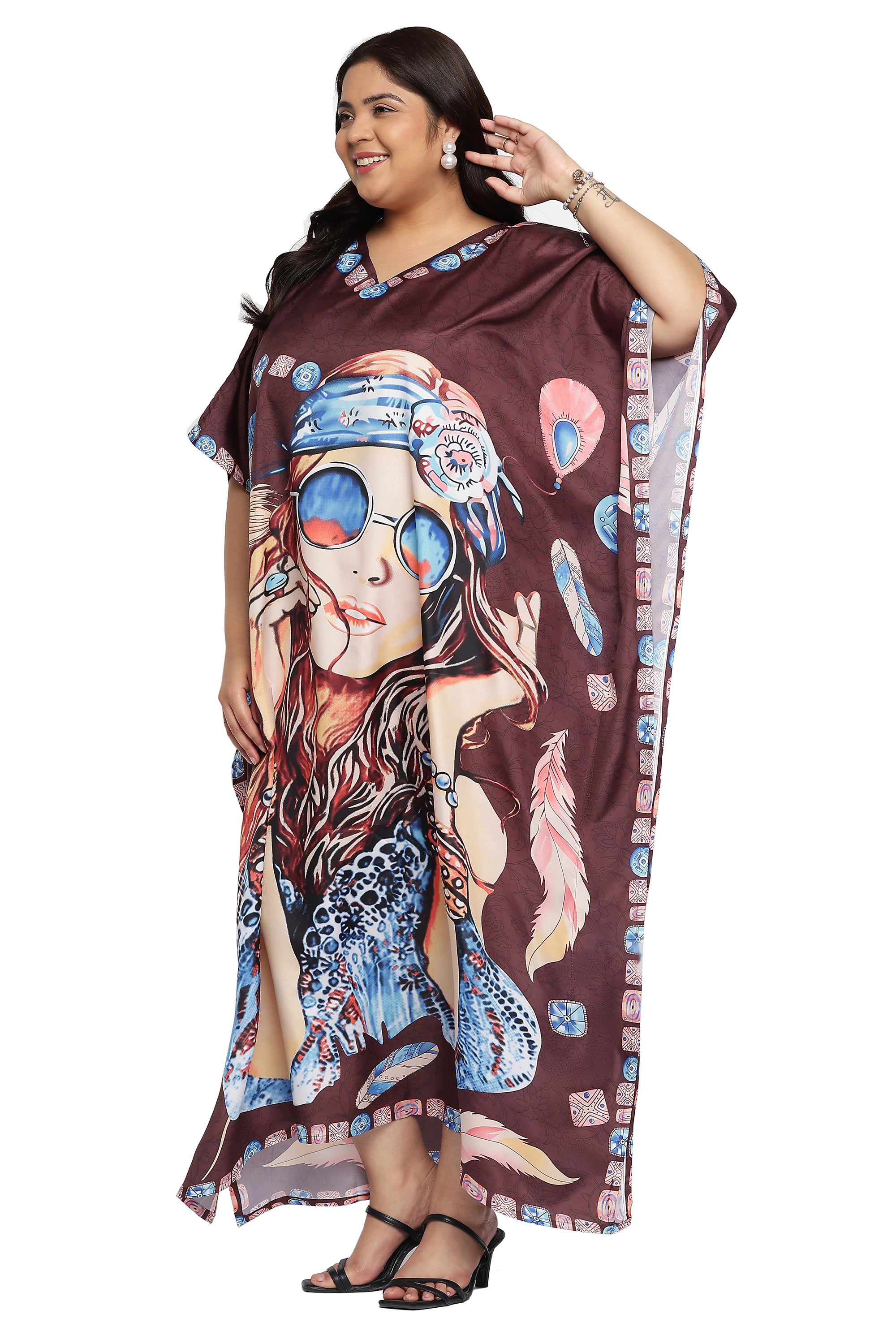 Brown Polyester Lady Print Plus Size Kaftan Dress for Women