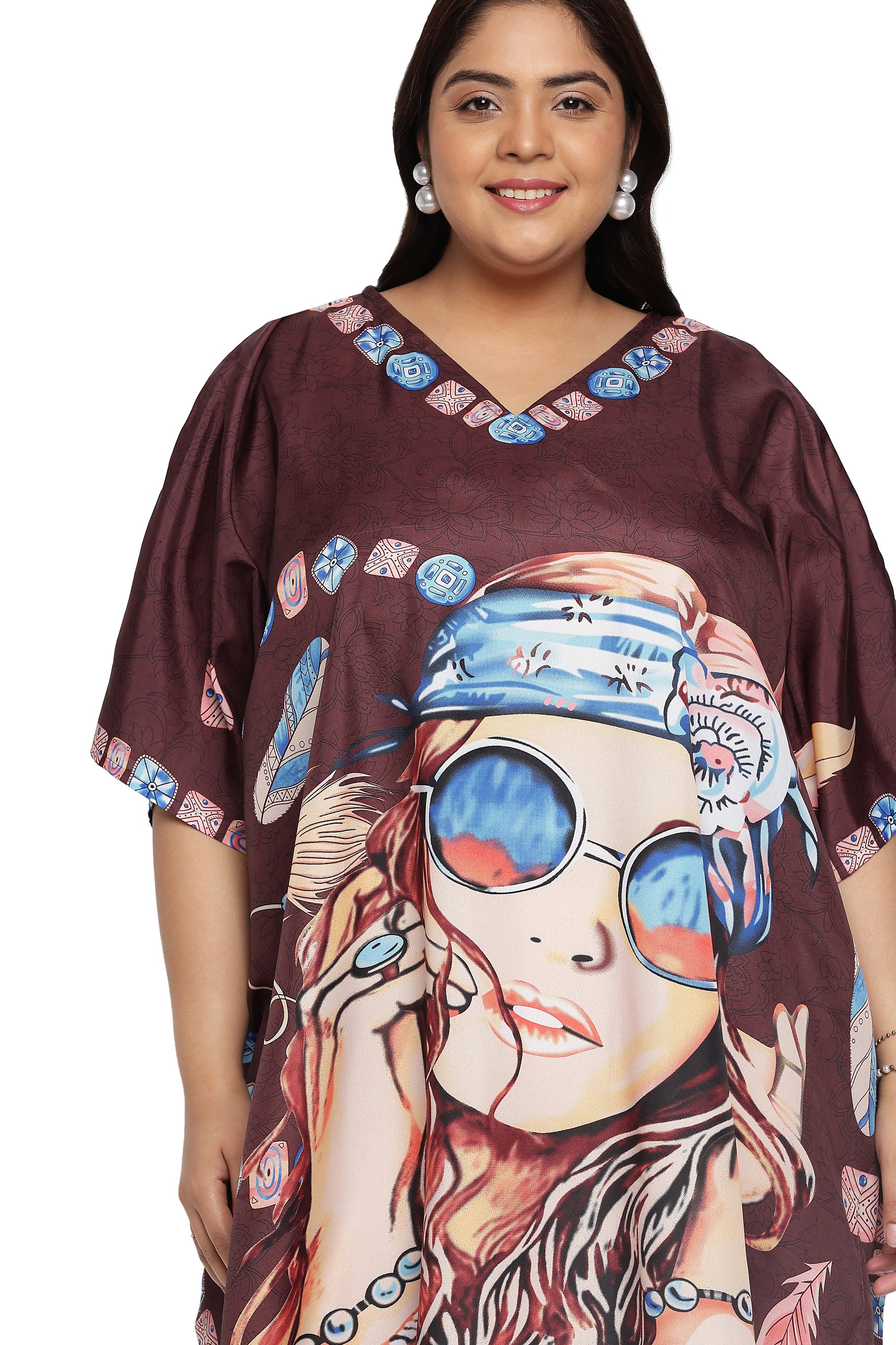 Brown Polyester Lady Print Plus Size Kaftan Dress for Women