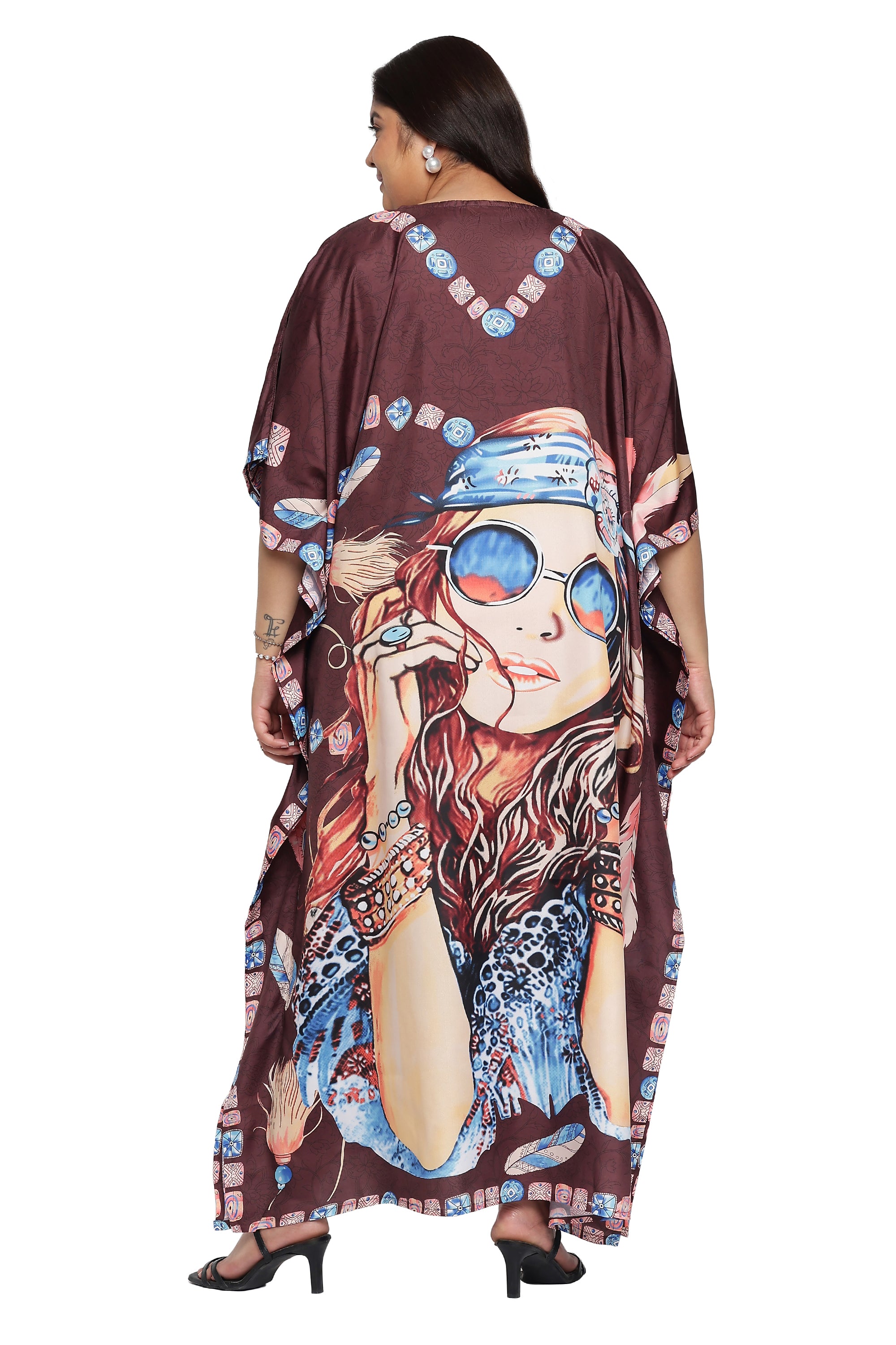 Brown Polyester Lady Print Plus Size Kaftan Dress for Women
