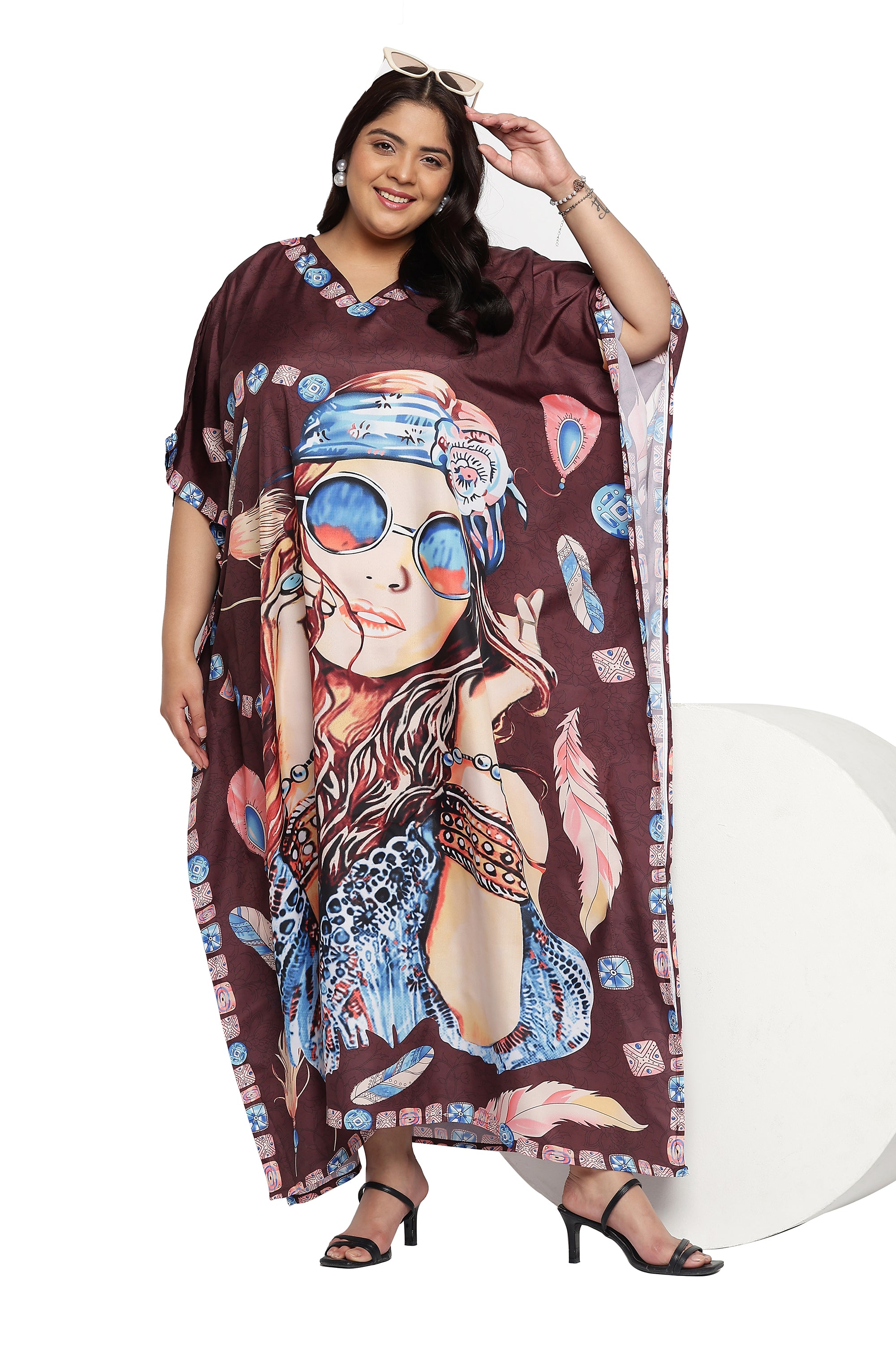 Brown Polyester Lady Print Plus Size Kaftan Dress for Women