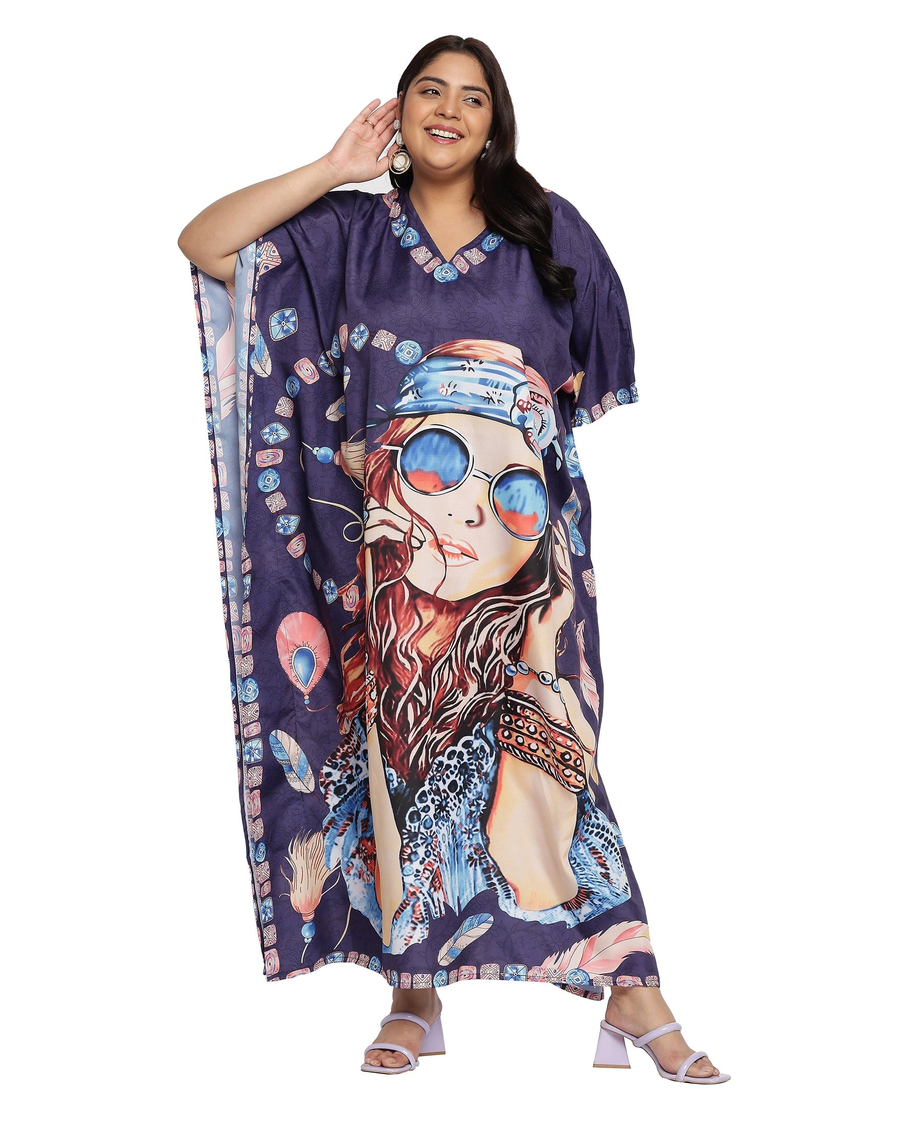 Lady Print Polyester Navy Blue Women Plus Size Beach Caftan Dress