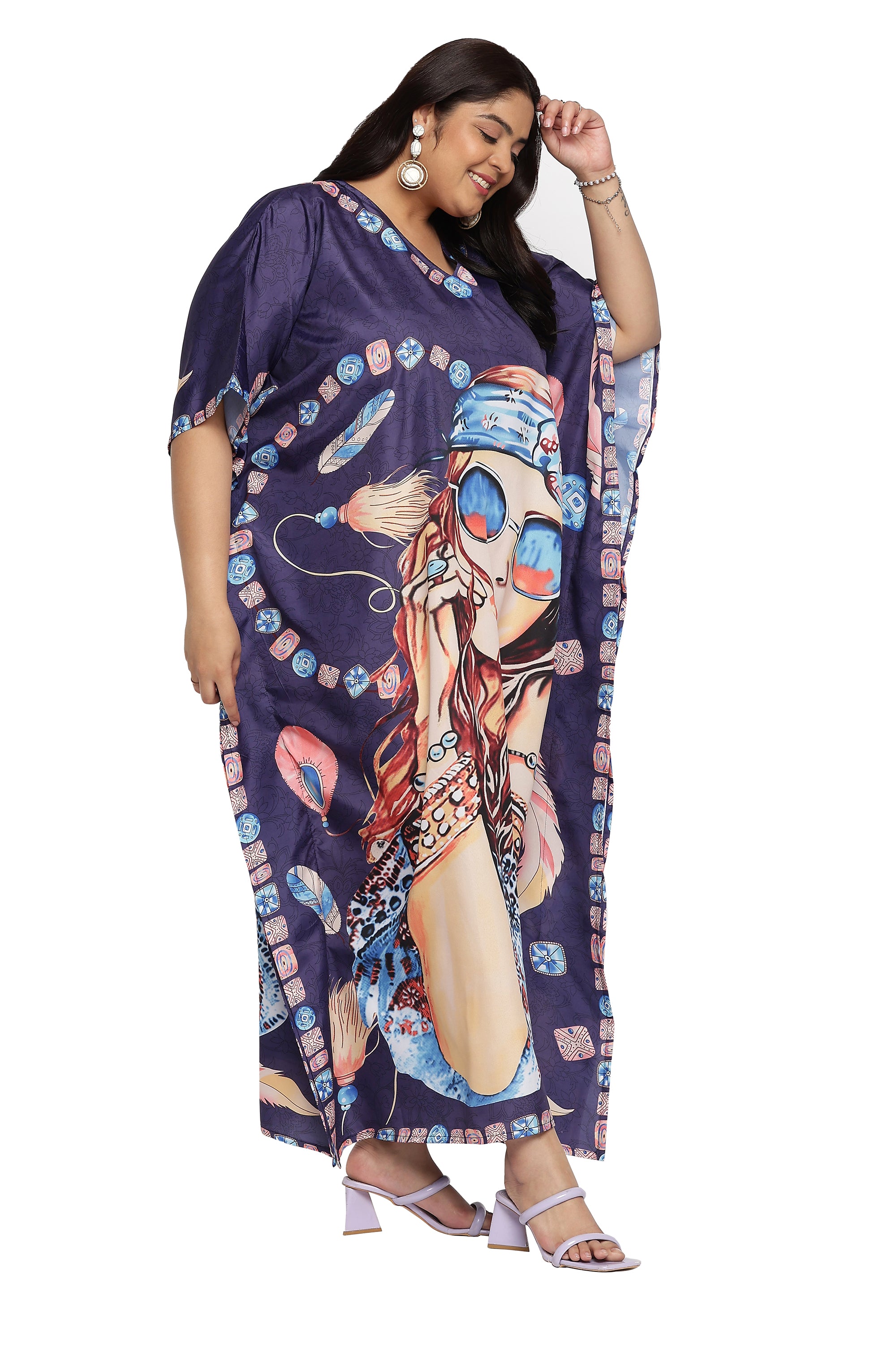 Lady Print Polyester Navy Blue Women Plus Size Beach Caftan Dress