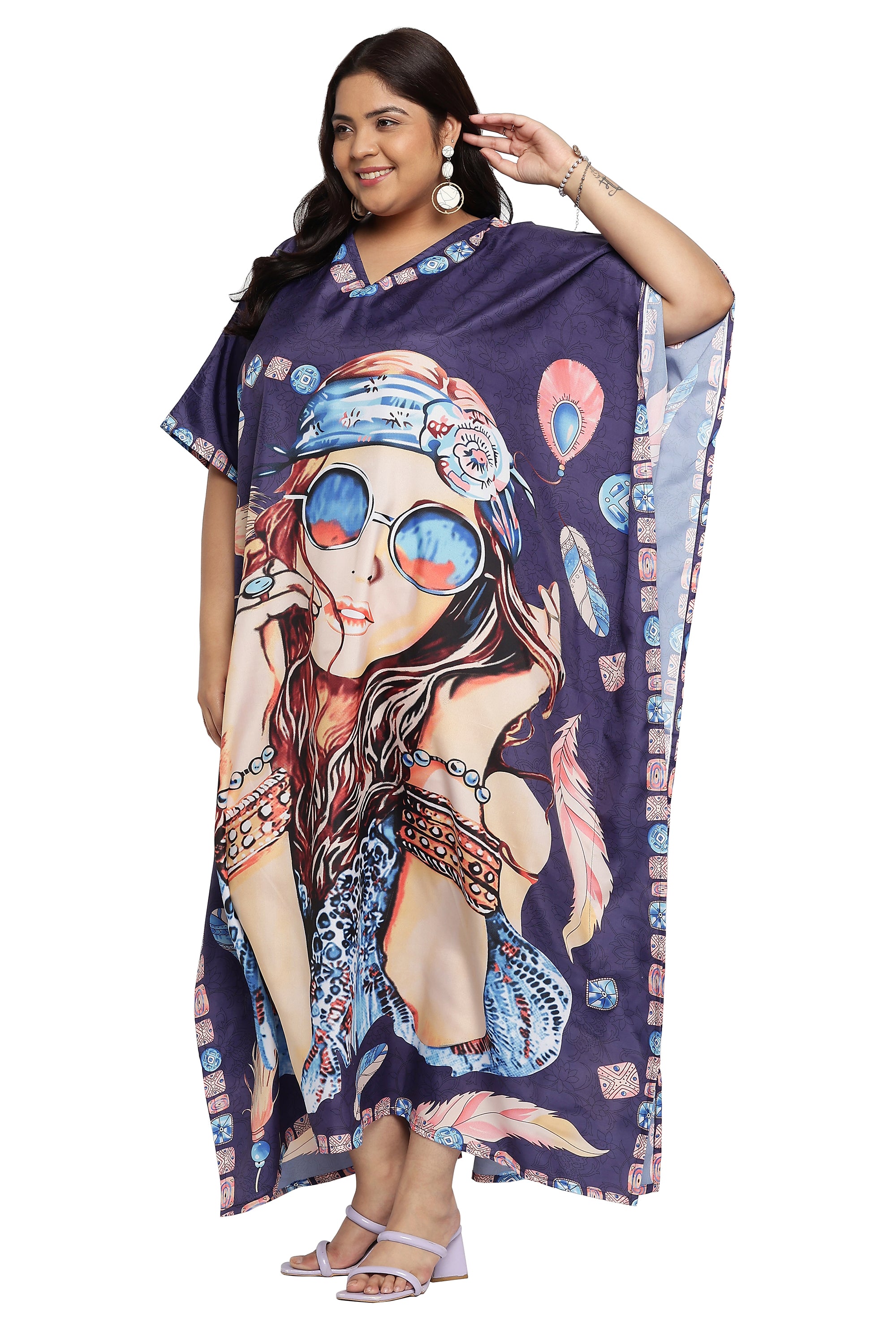 Lady Print Polyester Navy Blue Women Plus Size Beach Caftan Dress