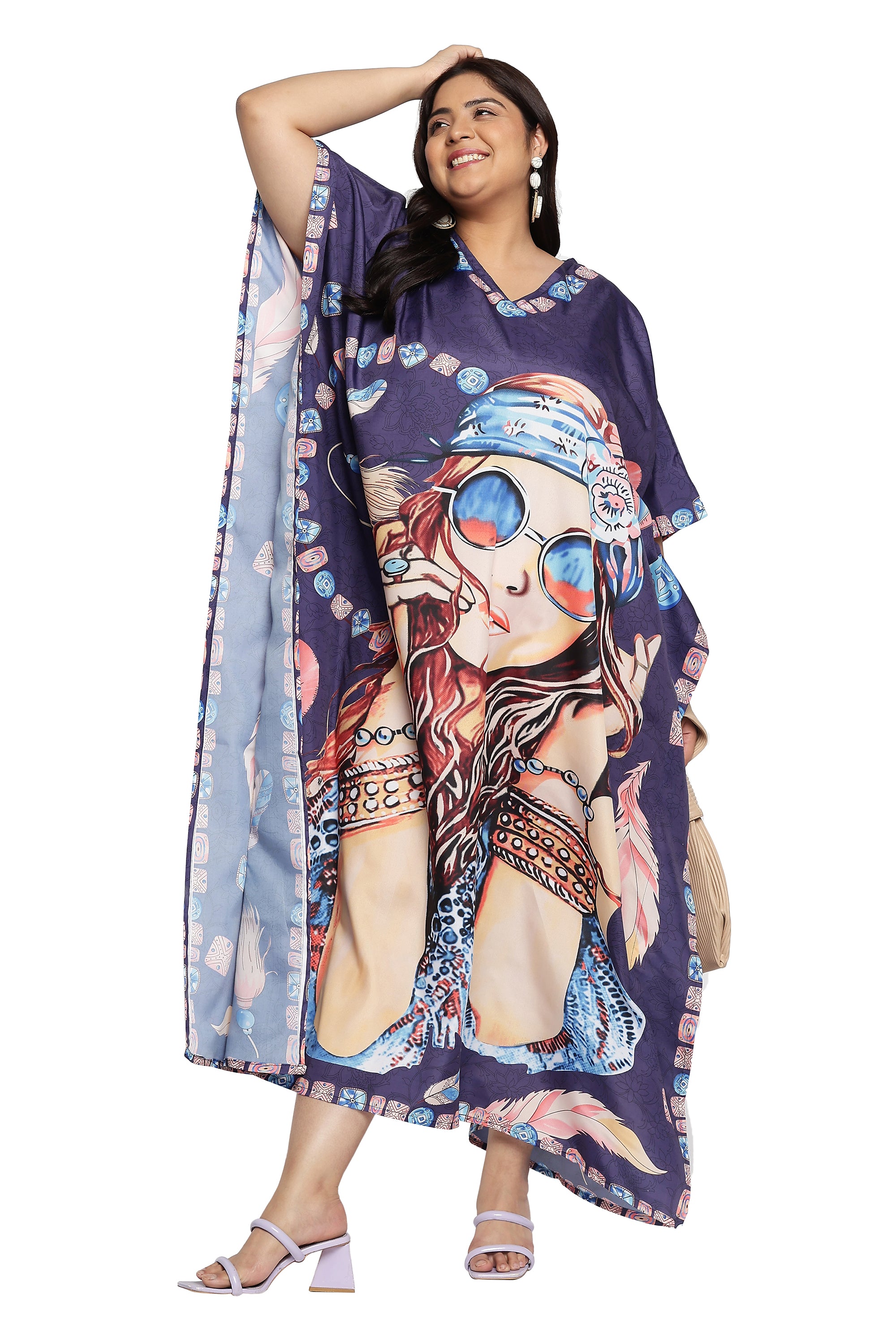 Lady Print Polyester Navy Blue Women Plus Size Beach Caftan Dress