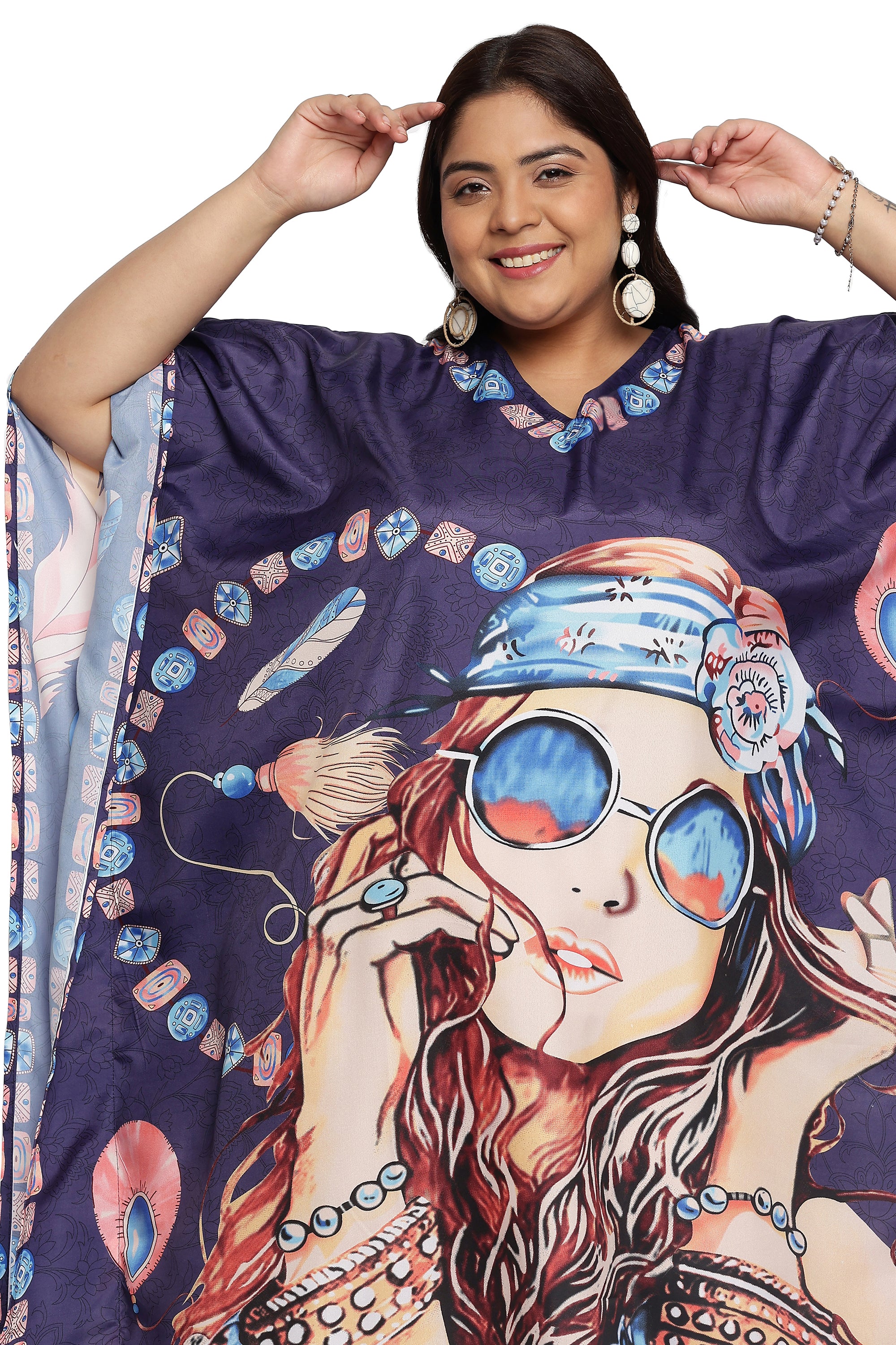 Lady Print Polyester Navy Blue Women Plus Size Beach Caftan Dress