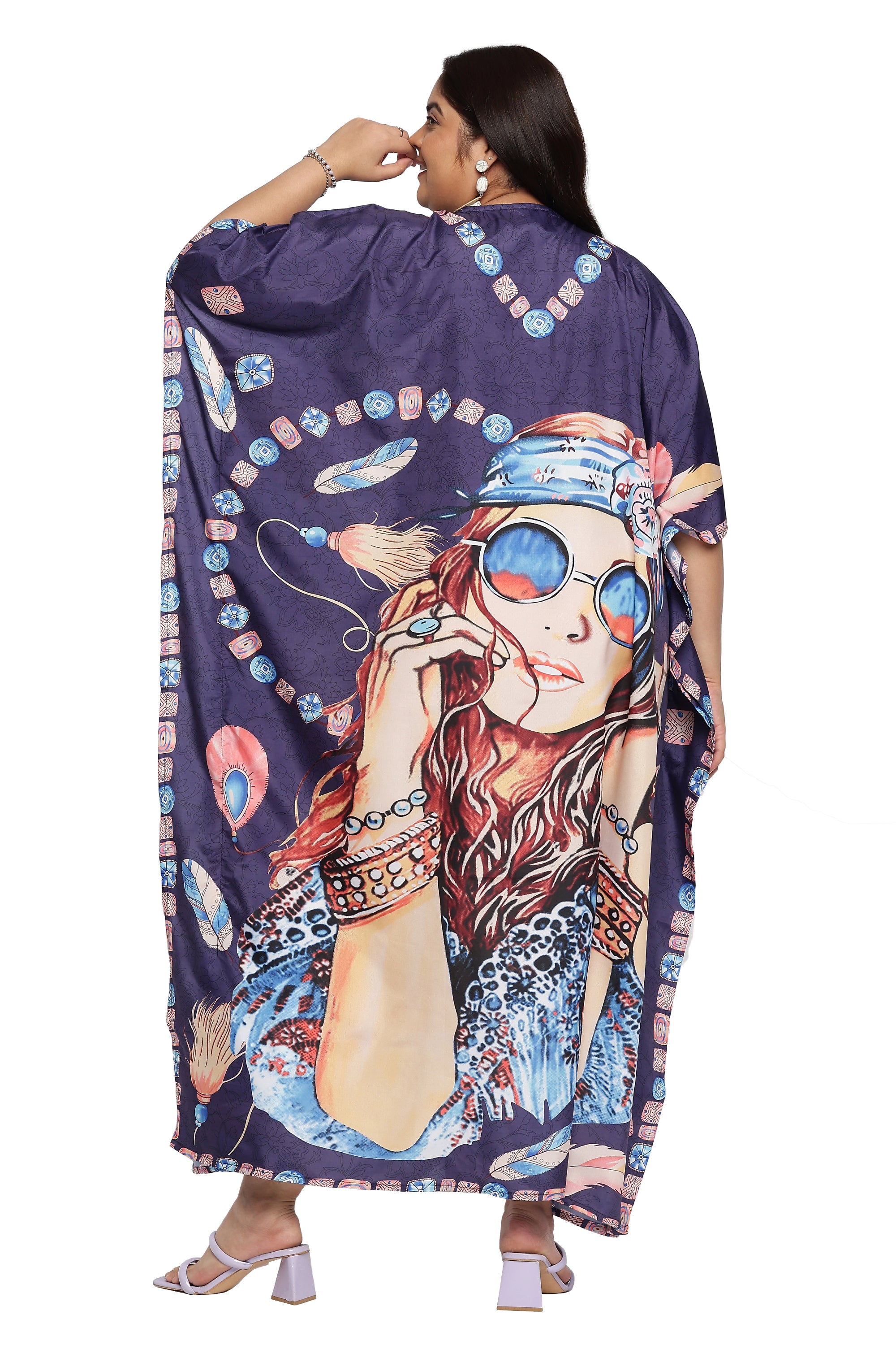 Lady Print Polyester Navy Blue Women Plus Size Beach Caftan Dress