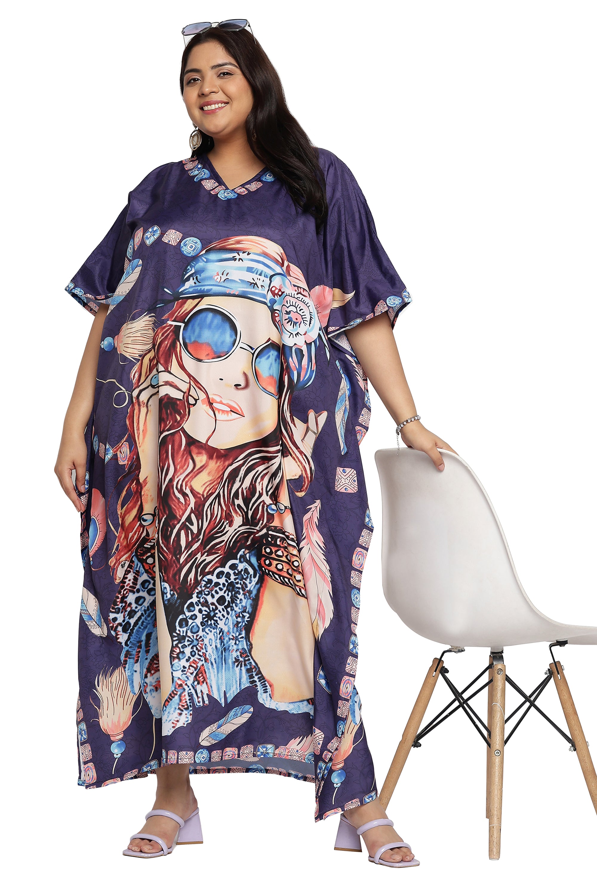 Lady Print Polyester Navy Blue Women Plus Size Beach Caftan Dress
