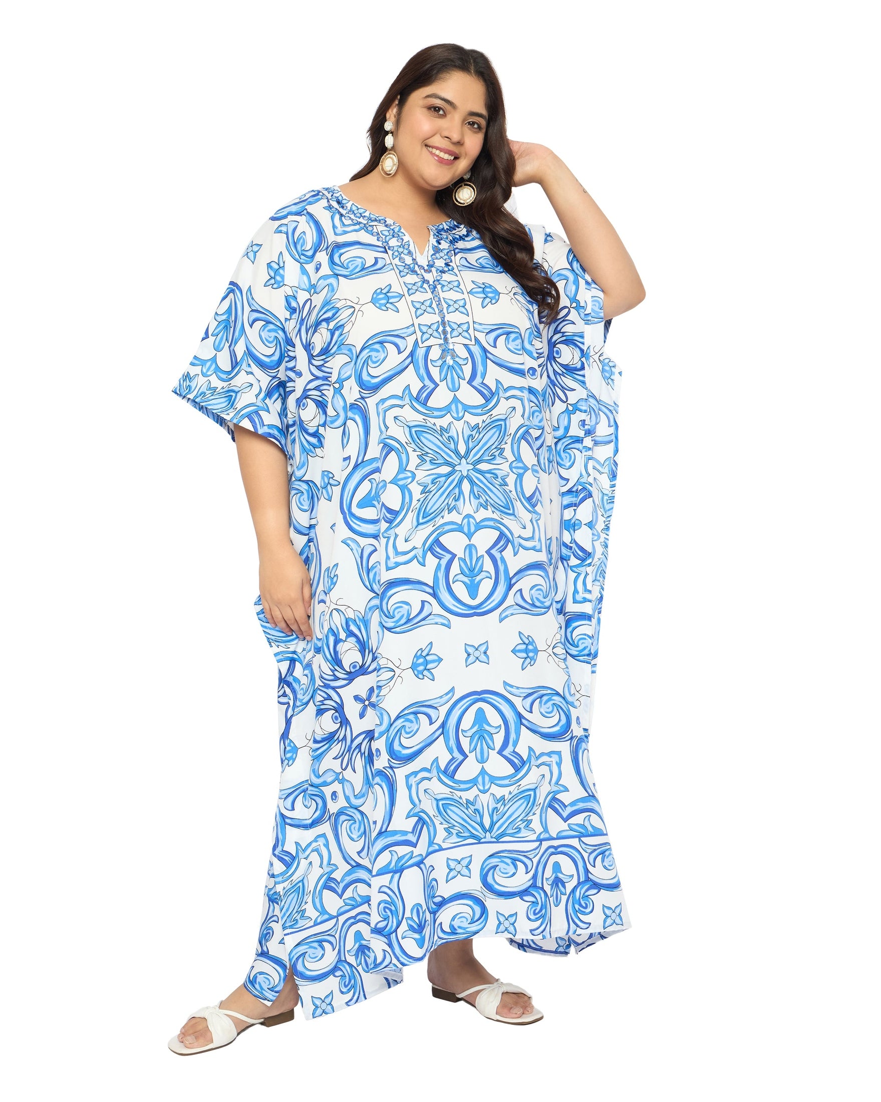 Porcelain White & Sky Blue Polyester Women Plus Size Kaftan Dress