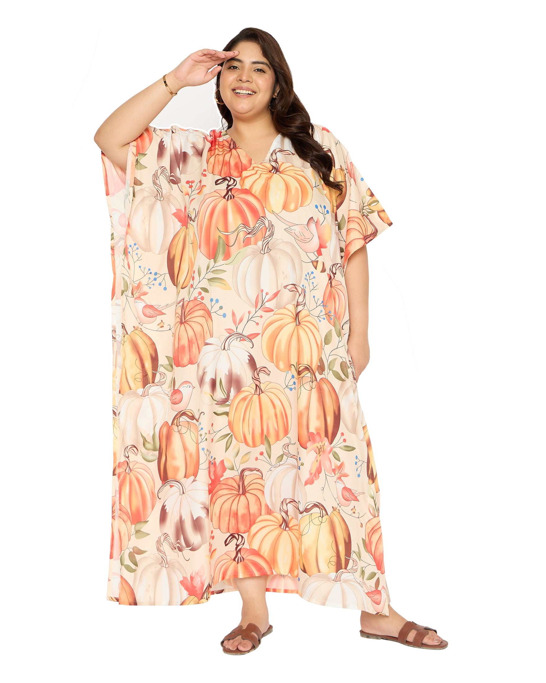 Pumpkin Multicolor Polyester Kaftan House Dress for Women