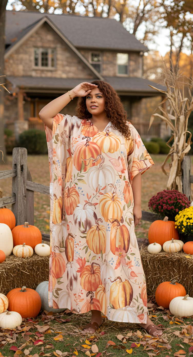 Multicolor Pumpkin Print Polyester Kaftan For Women Plus Size 1X-3X