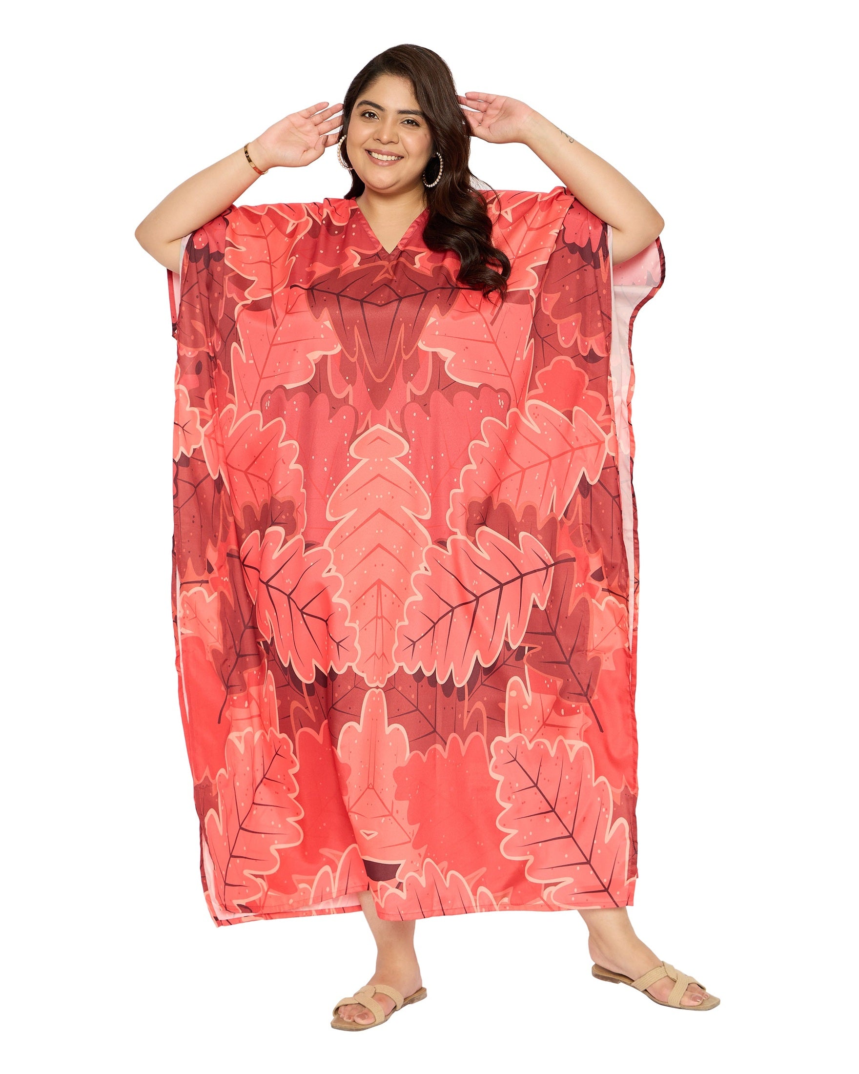 Leaf Coral Red Polyester Plus Size Caftan House Dress for Women