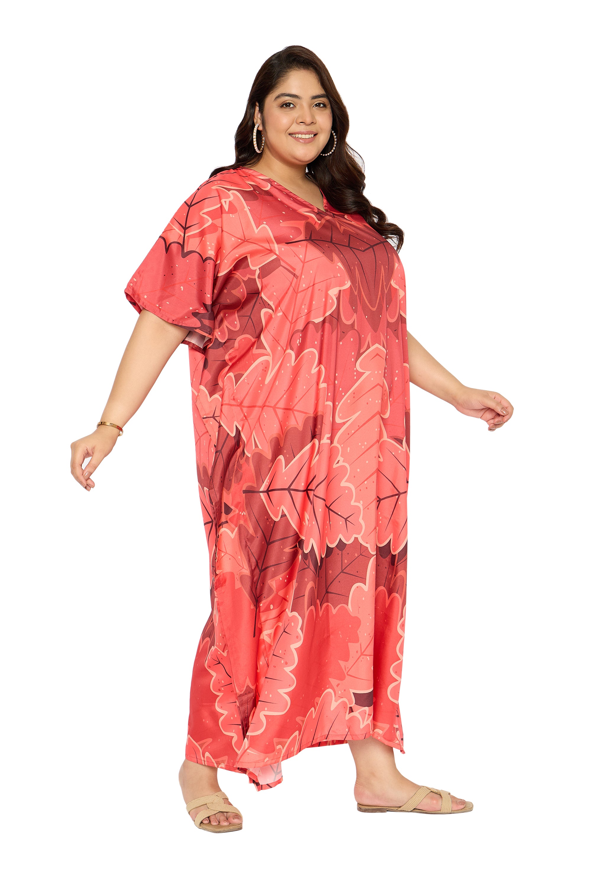 Leaf Coral Red Polyester Plus Size Caftan House Dress for Women
