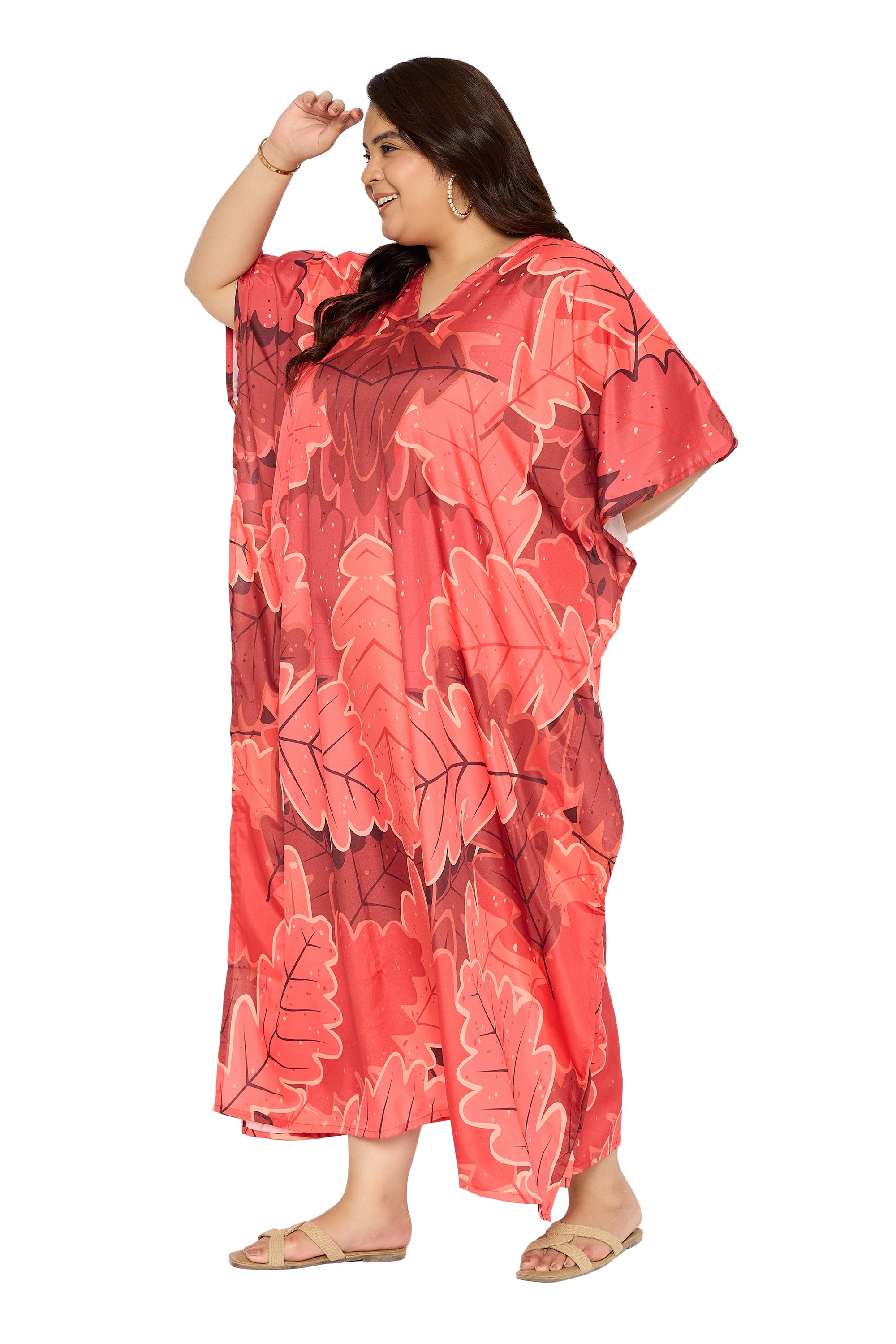 Leaf Coral Red Polyester Plus Size Caftan House Dress for Women