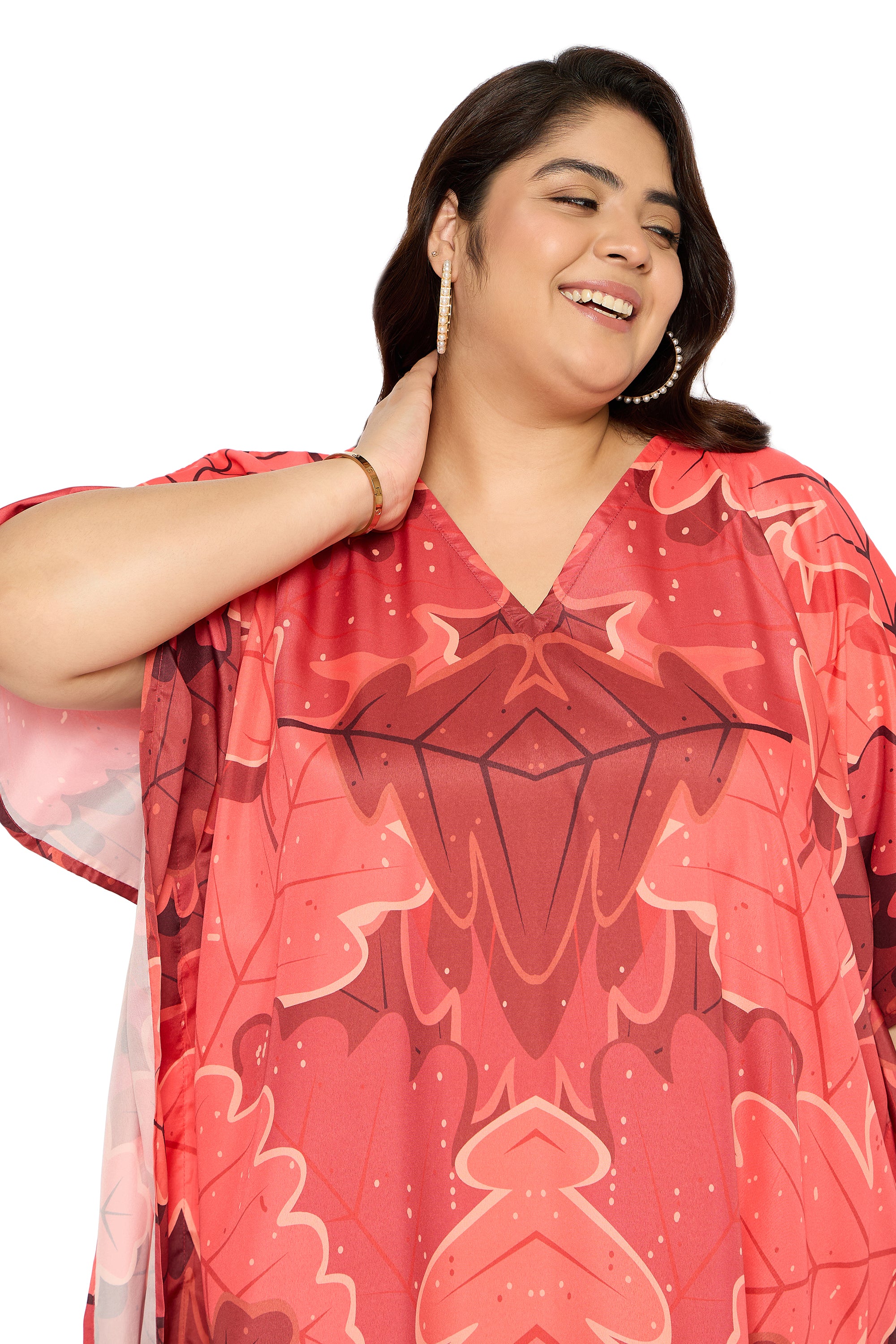 Leaf Coral Red Polyester Plus Size Caftan House Dress for Women