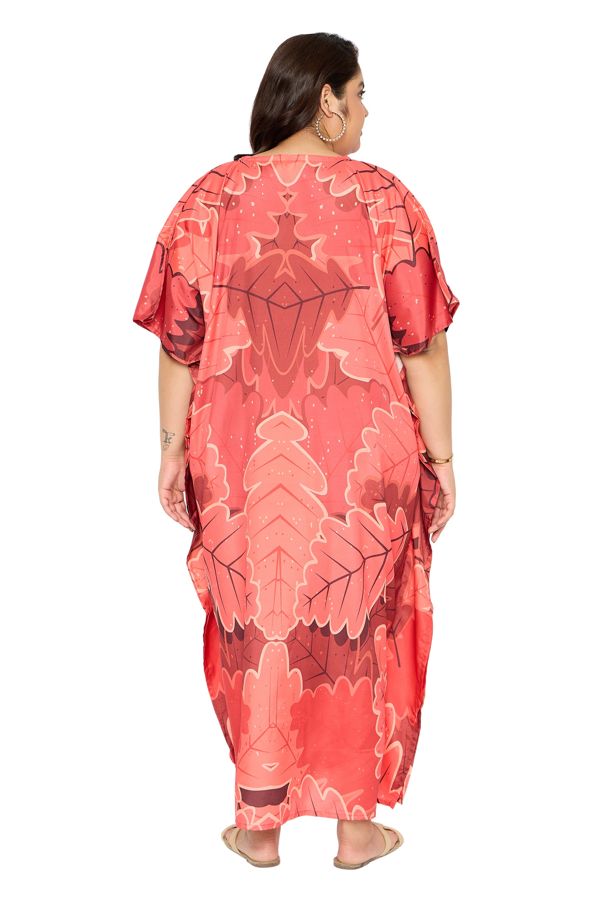Leaf Coral Red Polyester Plus Size Caftan House Dress for Women