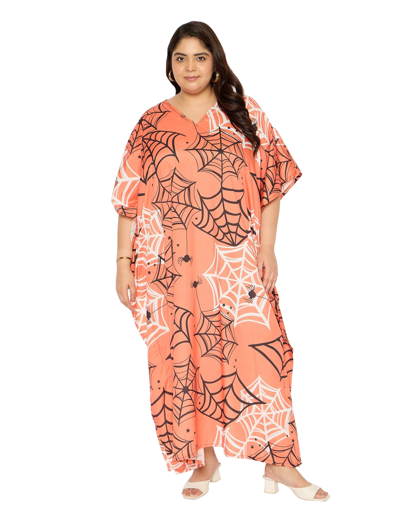 Spider Web Polyester Plus Size V Neck Kaftan for Women