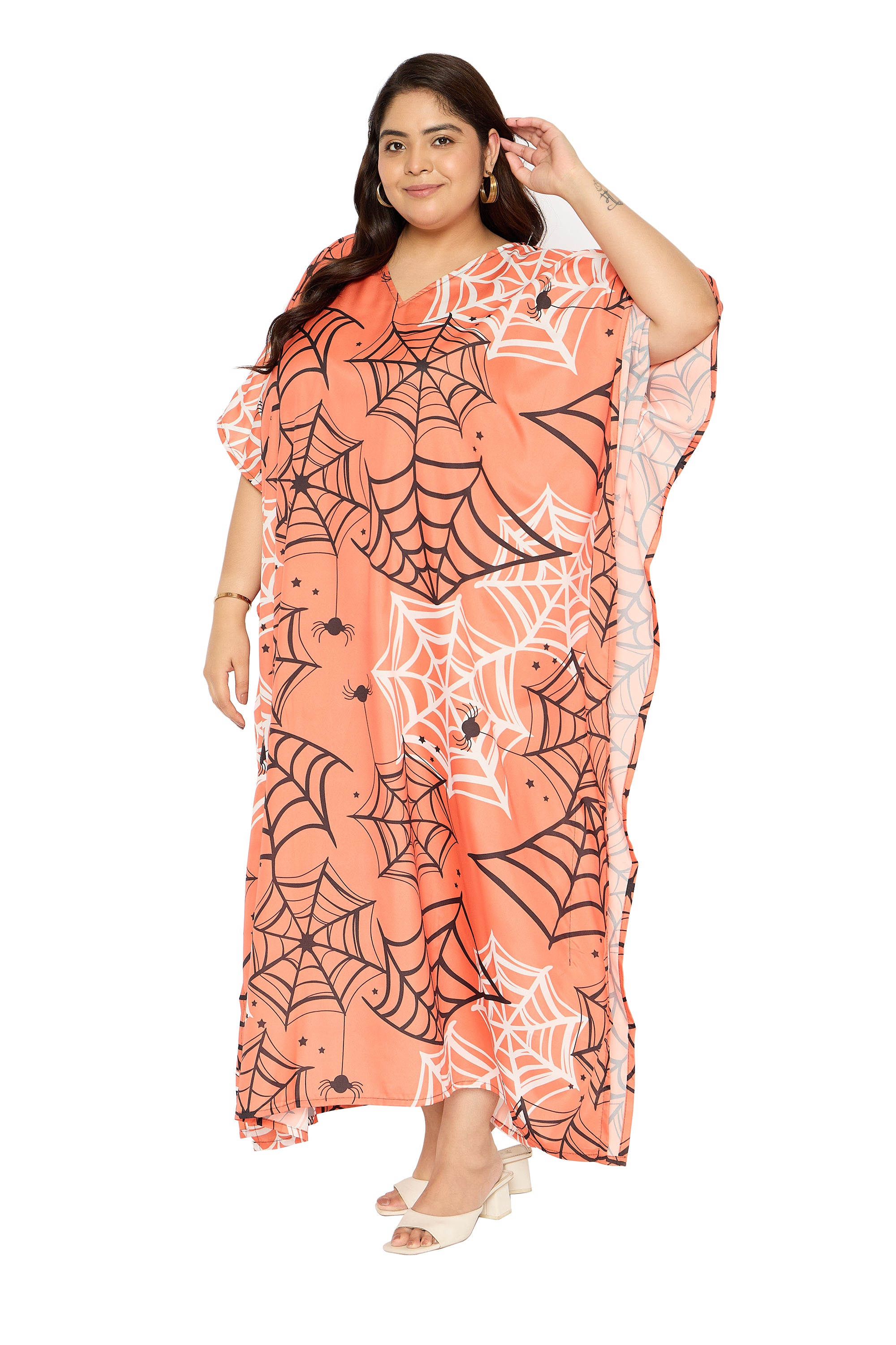 Spider Web Polyester Plus Size V Neck Kaftan for Women