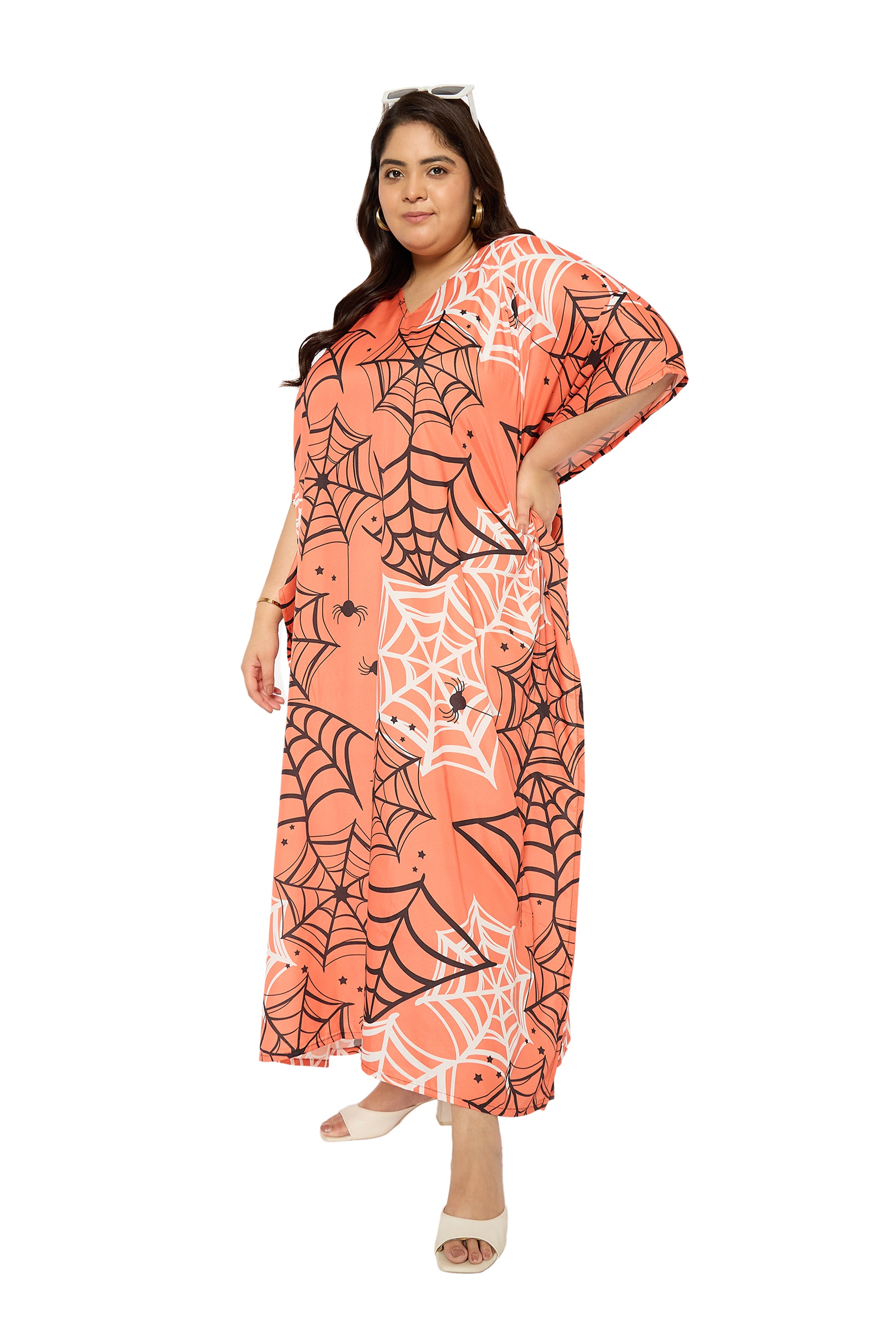 Spider Web Polyester Plus Size V Neck Kaftan for Women