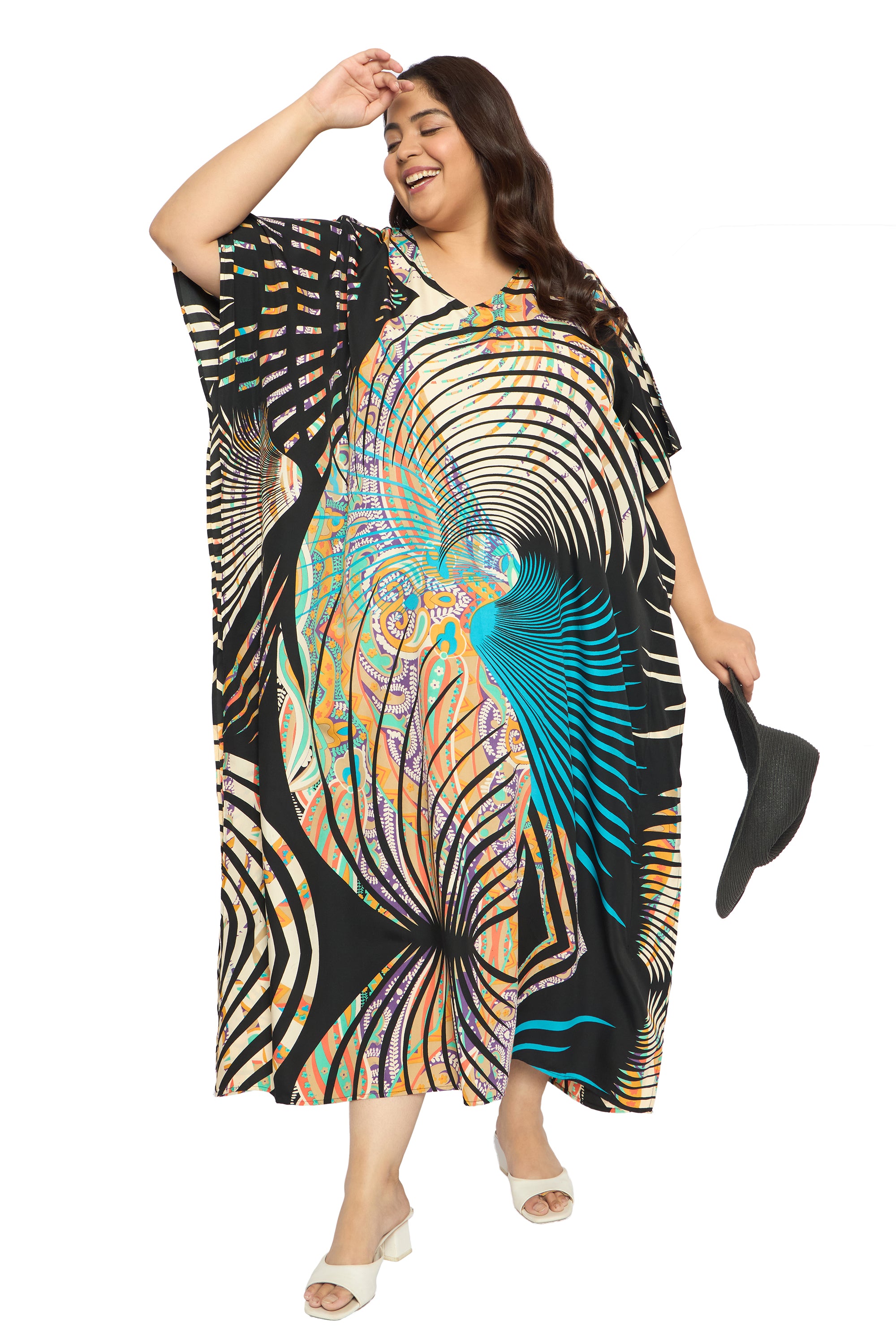 Geometric Multicolor Polyester Plus Size Kaftan for Women
