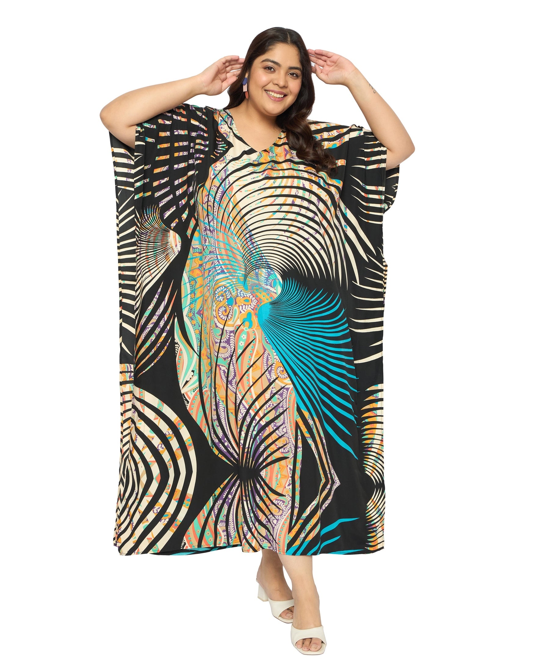 Geometric Multicolor Polyester Plus Size Kaftan for Women