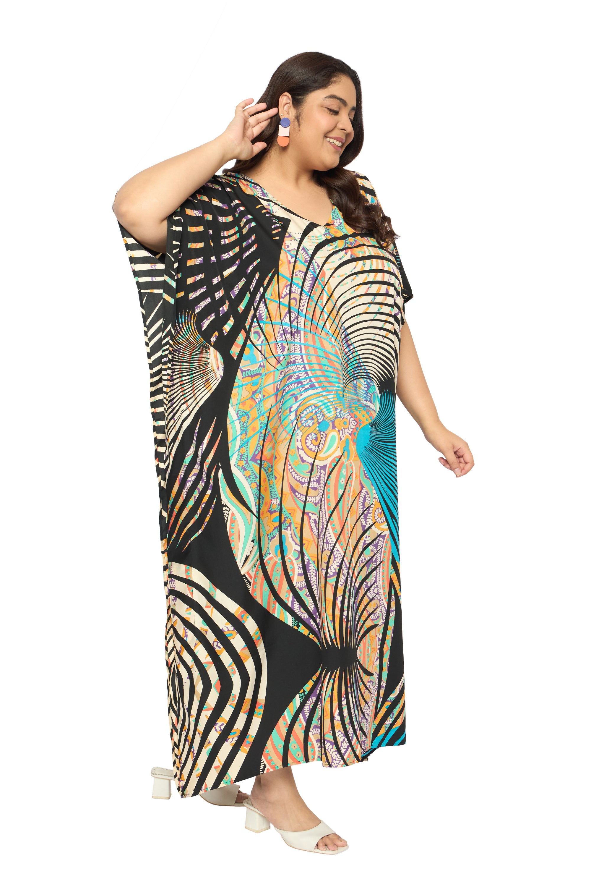 Geometric Multicolor Polyester Plus Size Kaftan for Women
