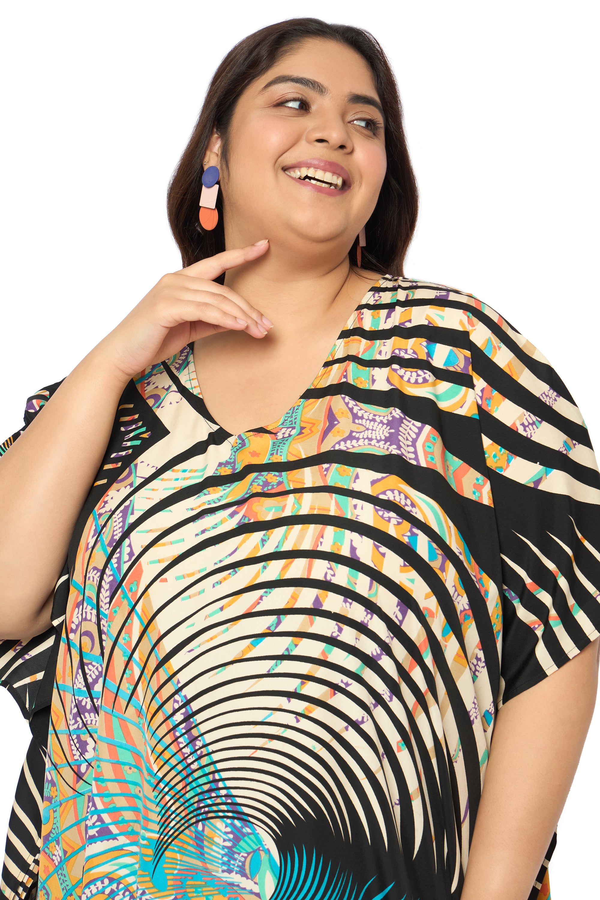 Geometric Multicolor Polyester Plus Size Kaftan for Women
