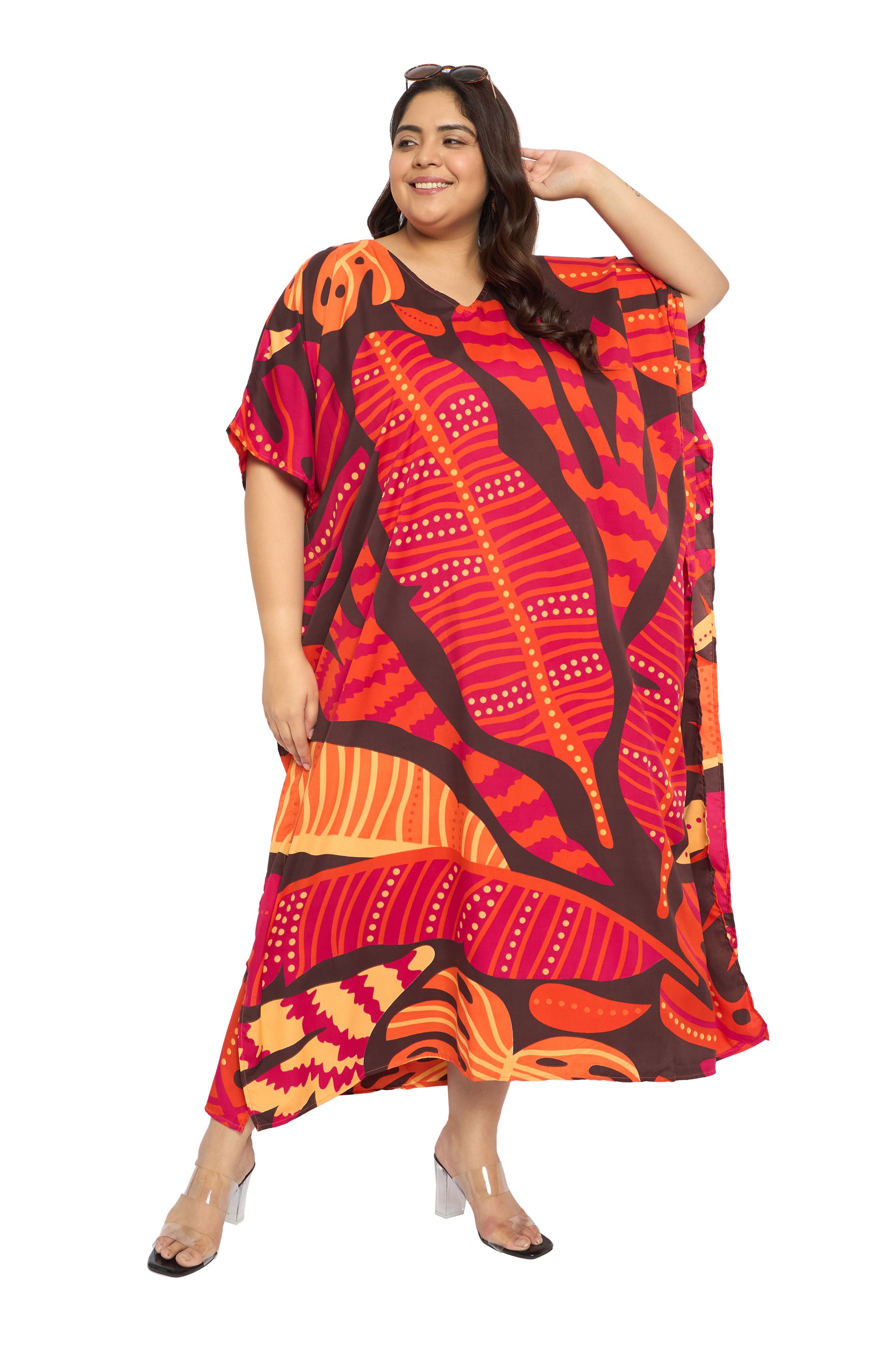 Leaf Red Polyester Plus Size Loungewear Kaftan for Women
