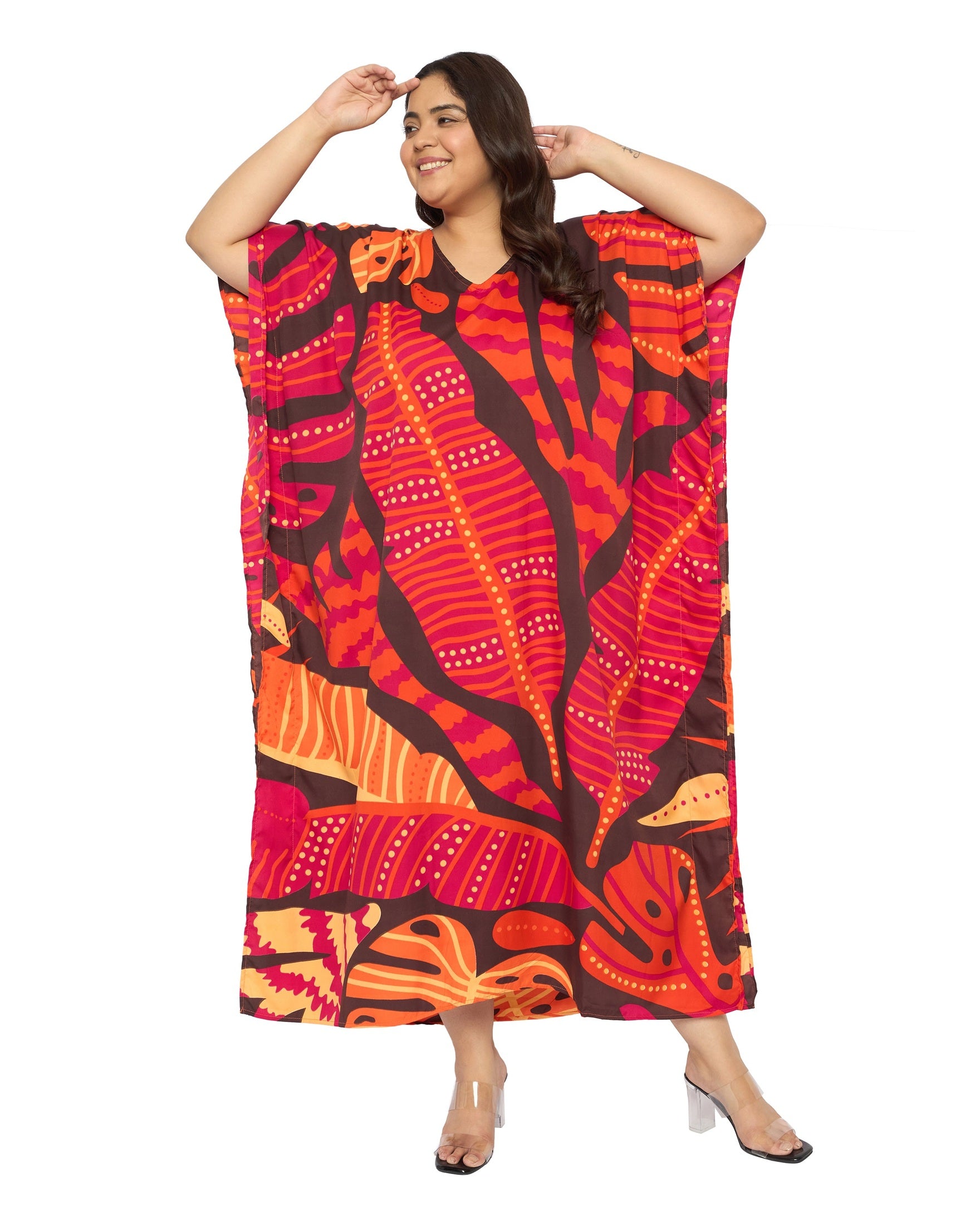 Leaf Red Polyester Plus Size Loungewear Kaftan for Women