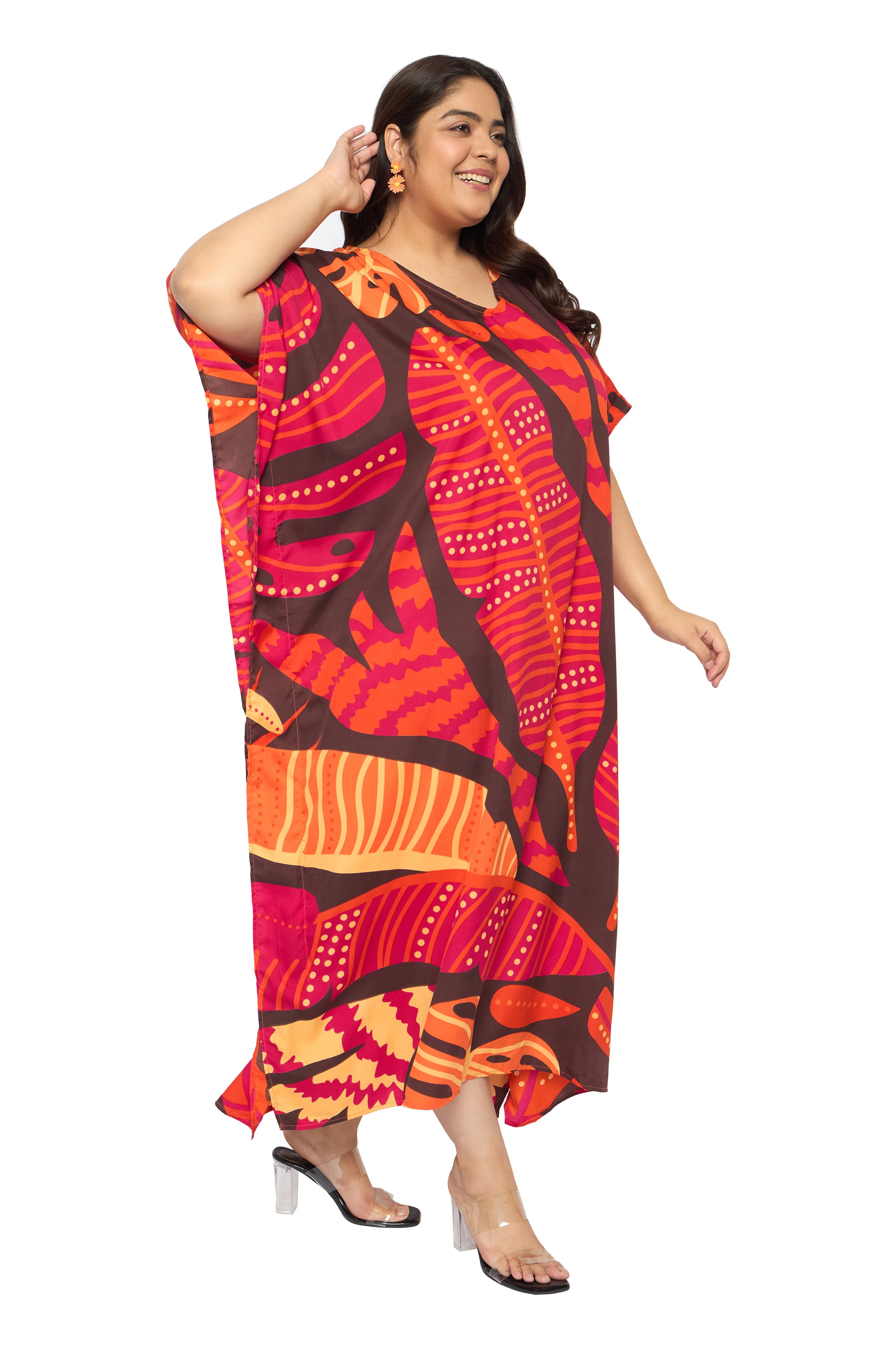 Leaf Red Polyester Plus Size Loungewear Kaftan for Women